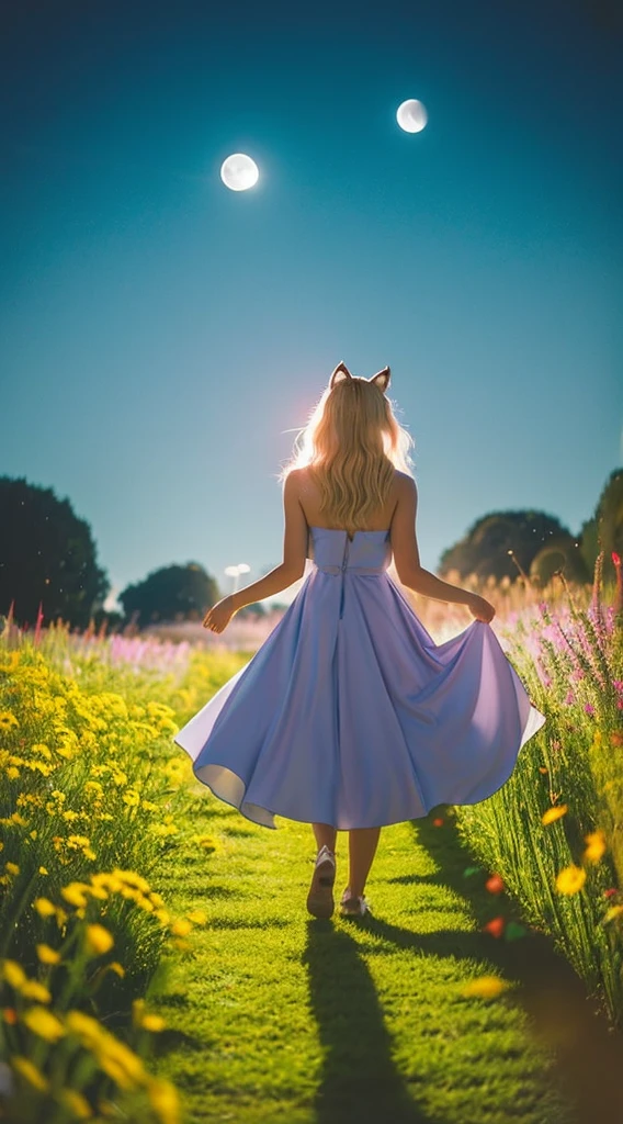 １people々々々々々々々々々々々,Woman with medium length blonde hair，Fox Ears，Long coat，Takageta， Dress Silhouette， Rear View，Space Sky, Flower Field，Colorful flowers，Dancing Petals，full moon，