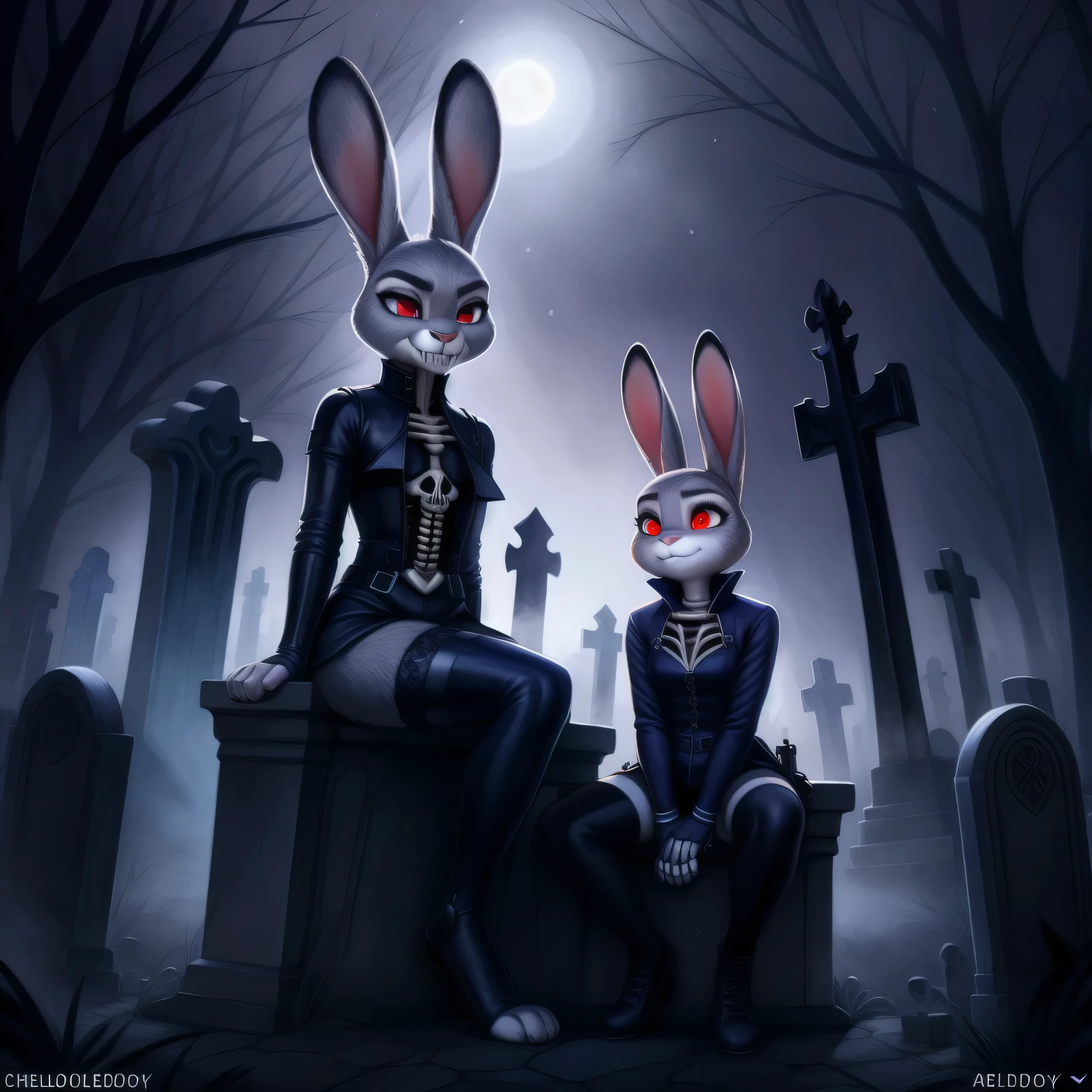 By chelodoy,2 girls, Judy Hopps, goth outfit , stockings, sitting on the skeleton, red eyes, glowing eyes, smirk, holding skull, on the graveyard, fog, night, (detailed face, detailed eyes)