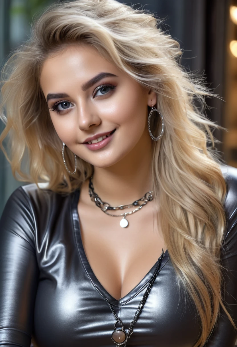hyperrealistic beautiful busty 18-year-old women in shiny longsleeve top and leather leggins, model shooting full body photography, dyed platin-blonde very long messy hair, dark eye makeup with eyeliner, seductive smile, small necklace and earrings, 8K, best quality, Meisterwerk, ultra high resolution, (Realismus: 1.4), Originalfoto, (realistische Hautstruktur: 1.3), (Filmkorn: 1.3), (Selfie-Winkel), 1 girl, Beautiful round eyes and facial details, Meisterwerk, best quality