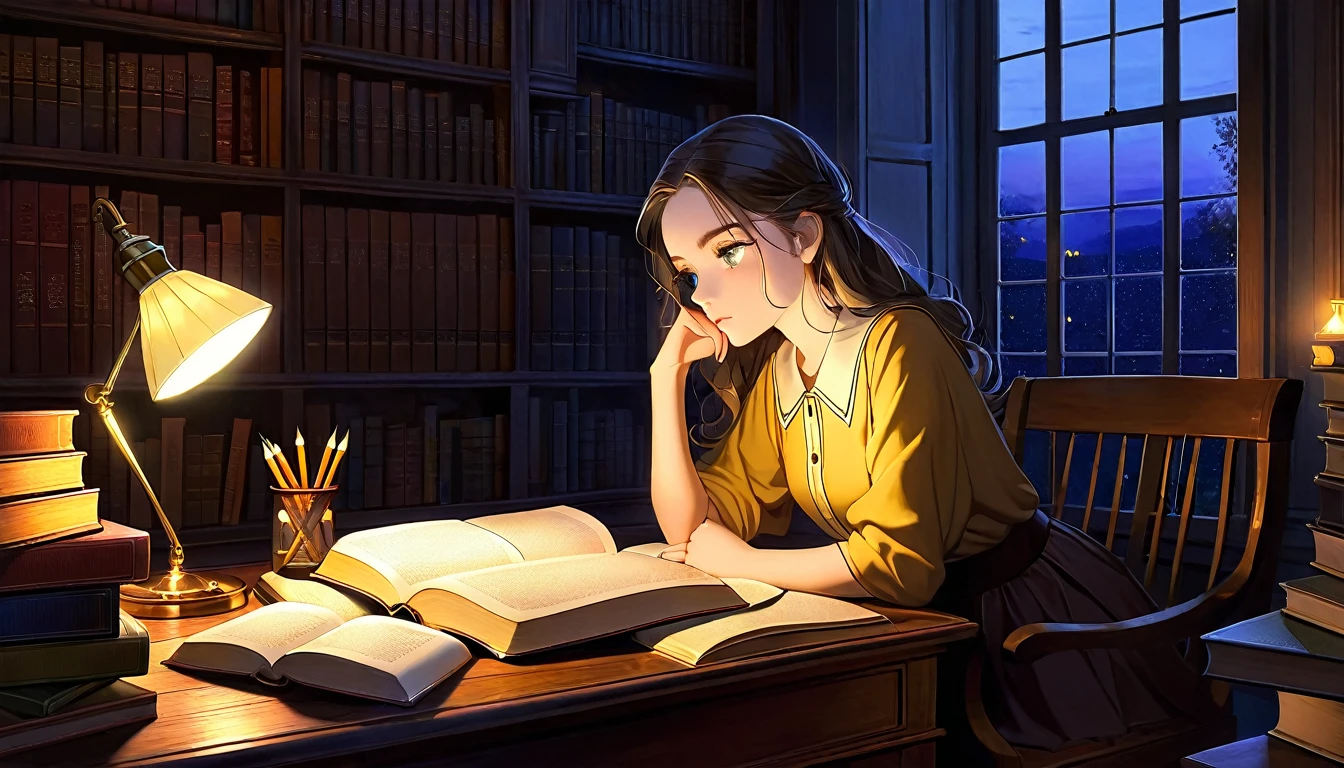 Masterpiece, Best quality, 1girl, Cozy corner, Jumble of books, Profound study, Desk lamp, Yellow glow, Peaceful ambiance, Quiet night, Window, Tranquil countenance, Intensity of concentration, Composed posture, Inquisitive eyes, Subtle tilt, Nimble fingers, Timeworn margins, Sultry aura, Silent focus, Deep in thought, Scholar, Old world wisdom, Intellectual, Thoughtful, Pensive, Well-read, Intellect, Knowledgeable, Wisdom seeker, Glimpse into the mind, Soaking up the knowledge, Absorbing the information.
A girl, enscon,evening,
