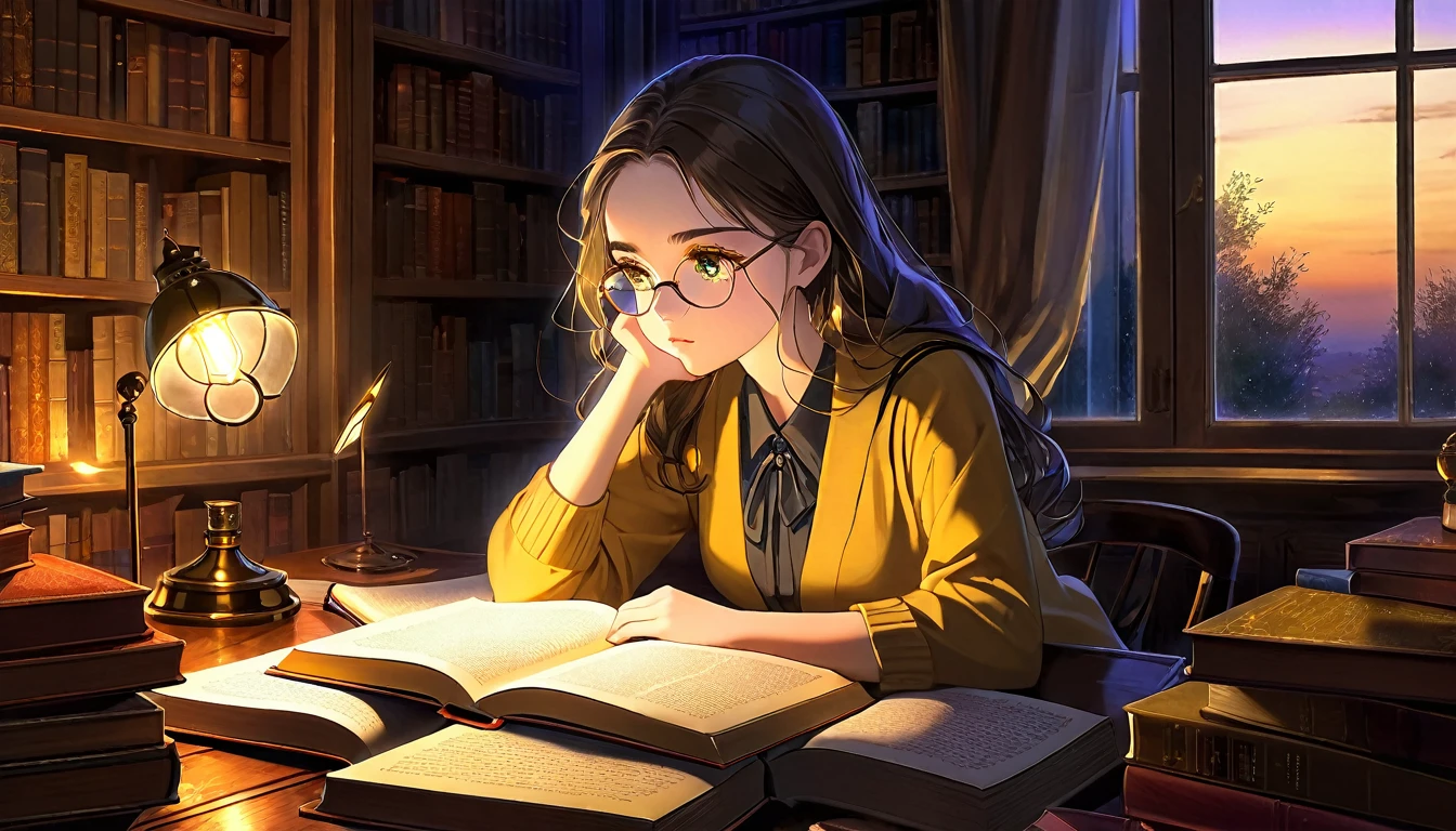 Masterpiece, Best quality, 1girl, Cozy corner, Jumble of books, Profound study, Desk lamp, Yellow glow, Peaceful ambiance, Quiet night, Window, Tranquil countenance, Intensity of concentration, Composed posture, Inquisitive eyes, Subtle tilt, Nimble fingers, Timeworn margins, Sultry aura, Silent focus, Deep in thought, Scholar, Old world wisdom, Intellectual, Thoughtful, Pensive, Well-read, Intellect, Knowledgeable, Wisdom seeker, Glimpse into the mind, Soaking up the knowledge, Absorbing the information.
A girl, enscon,evening,
