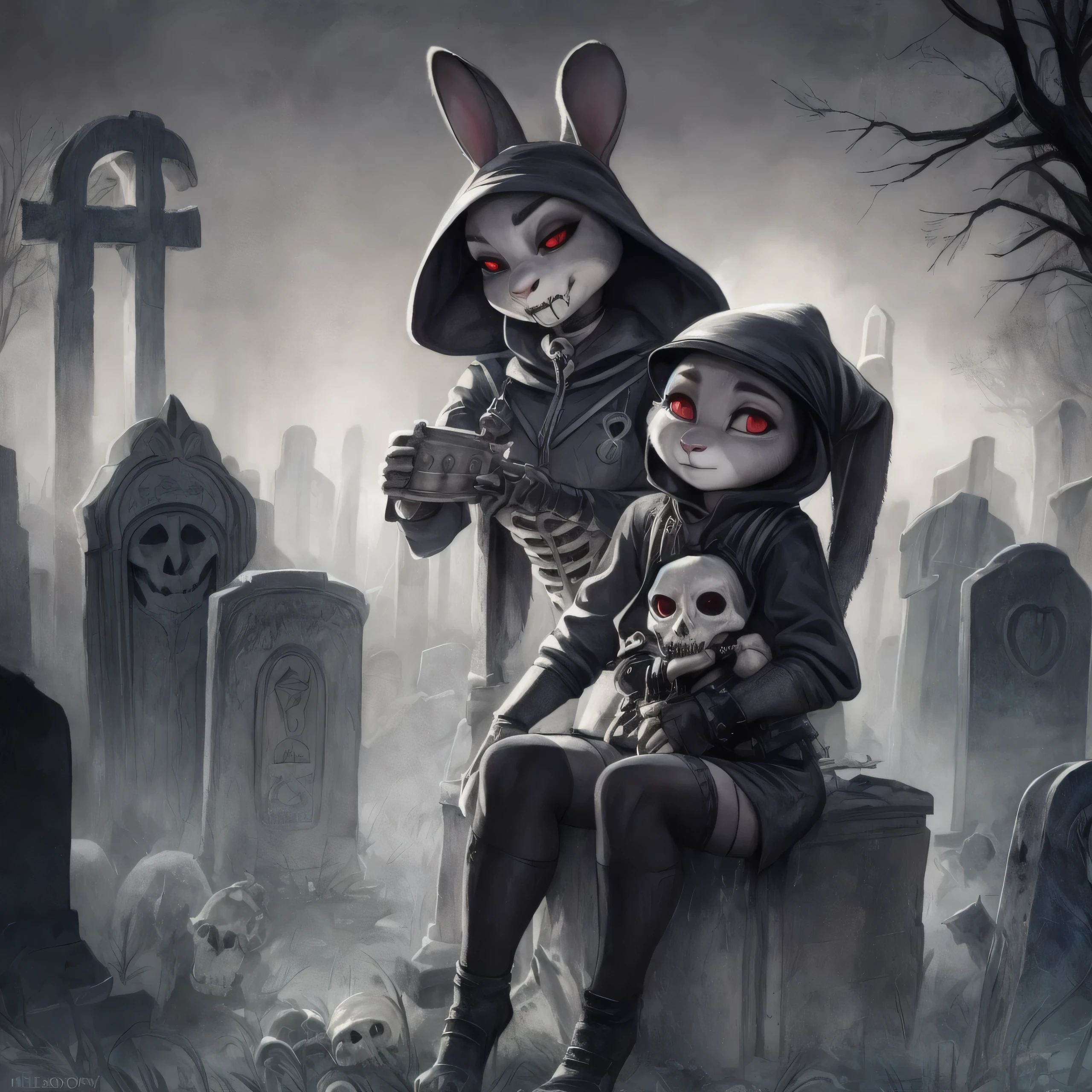 By chelodoy,2 girls, Judy Hopps, goth outfit , stockings, sitting on the skeleton, red eyes, glowing eyes, smirk, holding skull, on the graveyard, fog, night, (detailed face, detailed eyes)