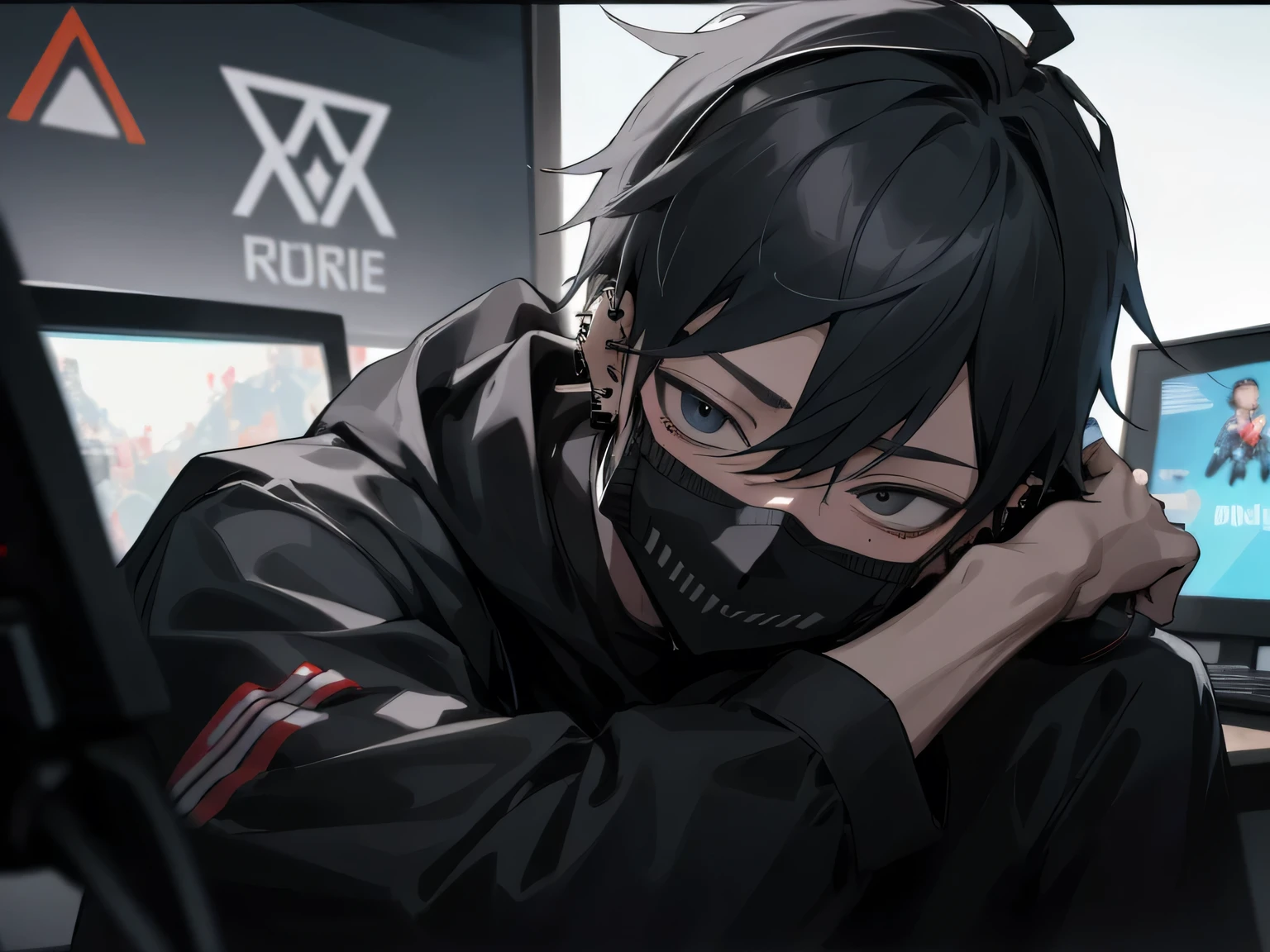 Face close-up,One boy，Adult,(Black Mask),Tired look，Yandere,Grin,highest quality，Gamer,Facial details，,Grin,Headphones,Ear piercing,sit in front of the computer and play games, eSports Rules