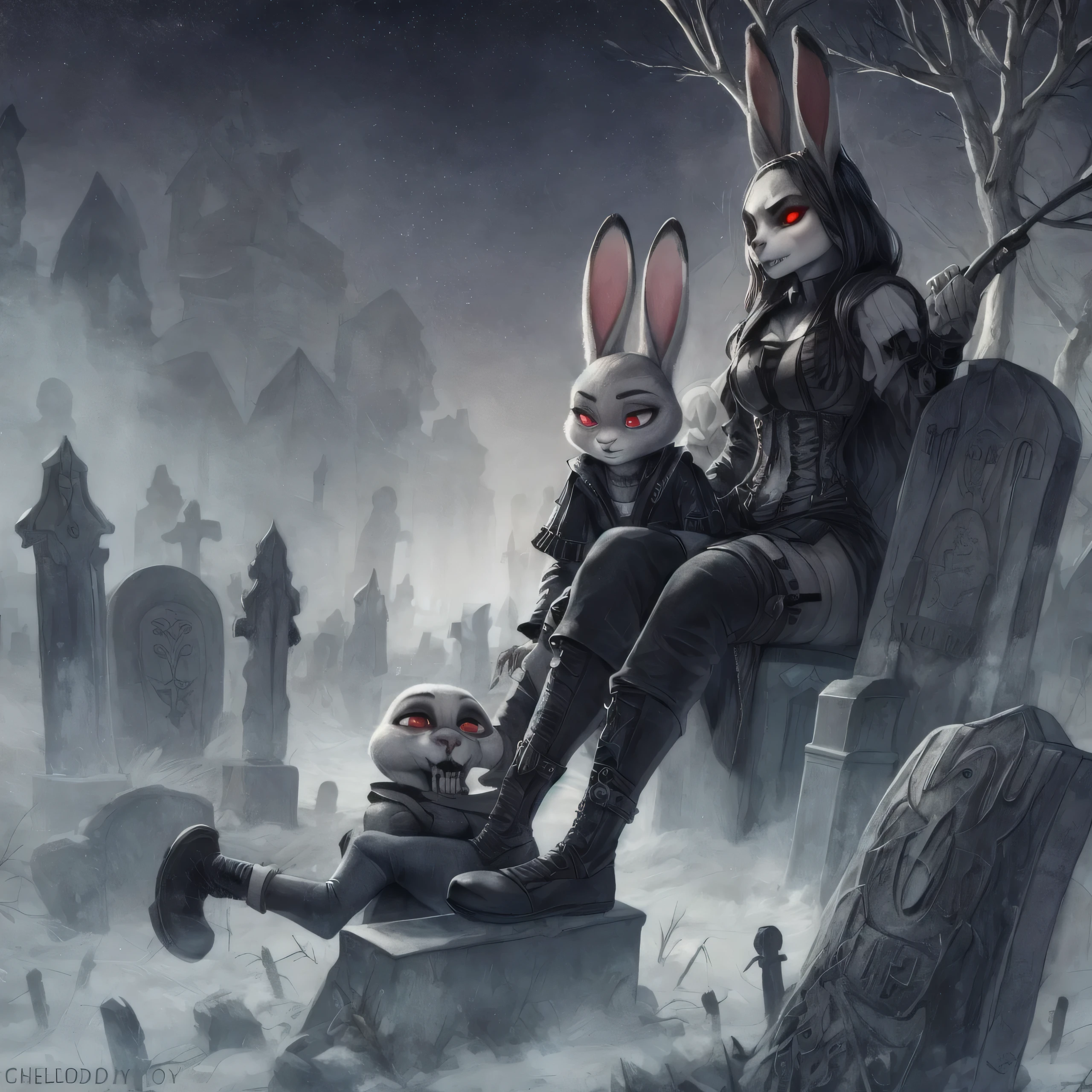 By chelodoy,2 girls, Judy Hopps, goth outfit , stockings, sitting on the skeleton, red eyes, glowing eyes, smirk, holding skull, on the graveyard, fog, night, (detailed face, detailed eyes)