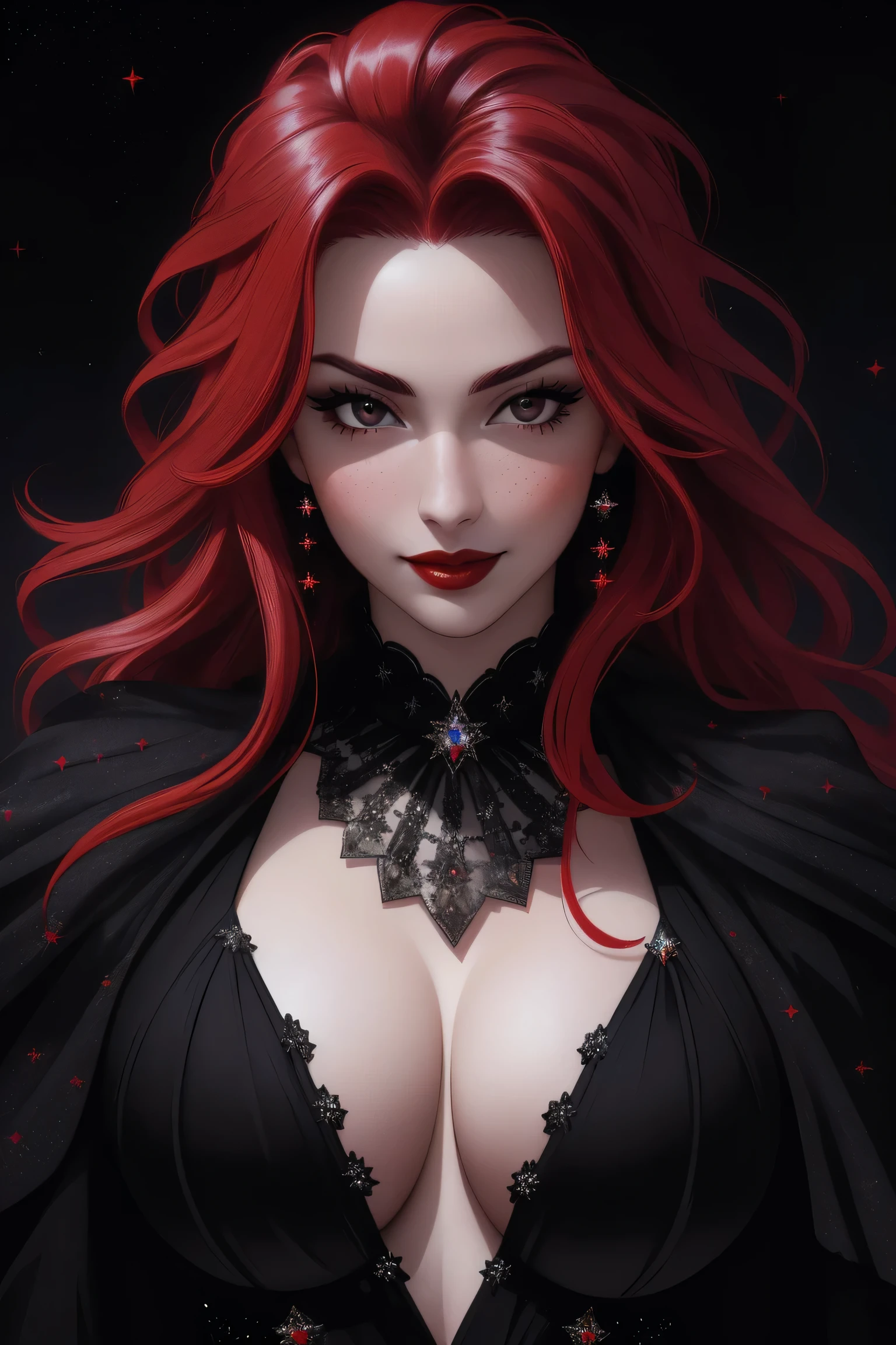 (Masterpiece - Ultra-Detailed, High Resolution) ((vivid red hair)), mature woman, 30 years old, diamond face, red starry sky background, depth of field, magic, big red lips, ((dark and black eyes)) black and red long and full dress, covered chest, mystical atmosphere, ominous shadows, Intense blue aura, Intense red aura (best quality:1.2), absurdres, intricate details, (highly detailed skin:1.2), smile expression, posing, taut and well defined body, attractive. Highly realistic, white skin, beautiful, hyperrealism, skin very elaborated, direct gaze.