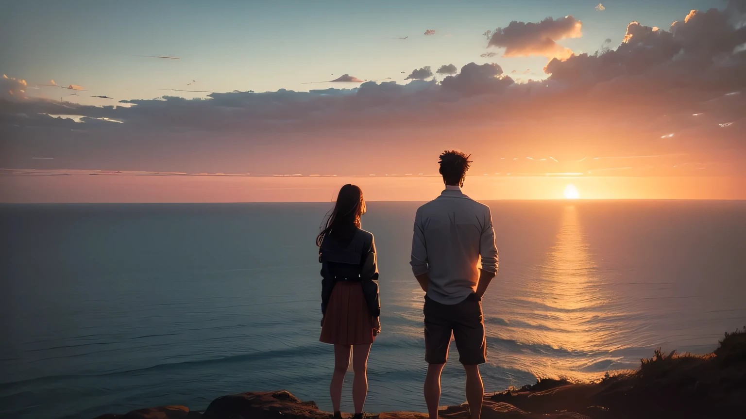 man and his girlfriend standing at the edge of a cliff, overlooking a vast expanse of ocean. The setting sun casts a warm glow on his face, revealing the depth of his emotions as he grapples with the incompleteness of his heart's story.