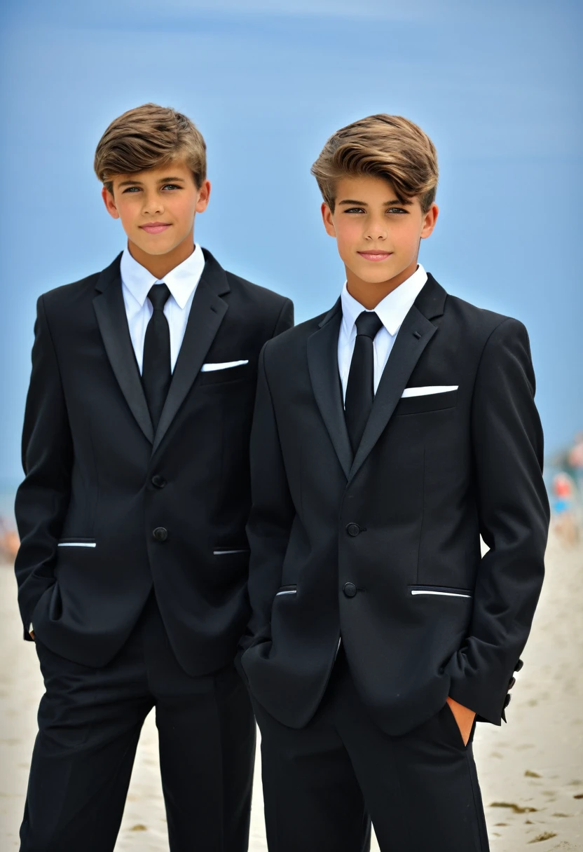Beautiful and realistic 14 year old boys in tuxedos on the beach, caras ultra detalladas, Red de voleibol en segundo plano., fotorrealista mejor calidad