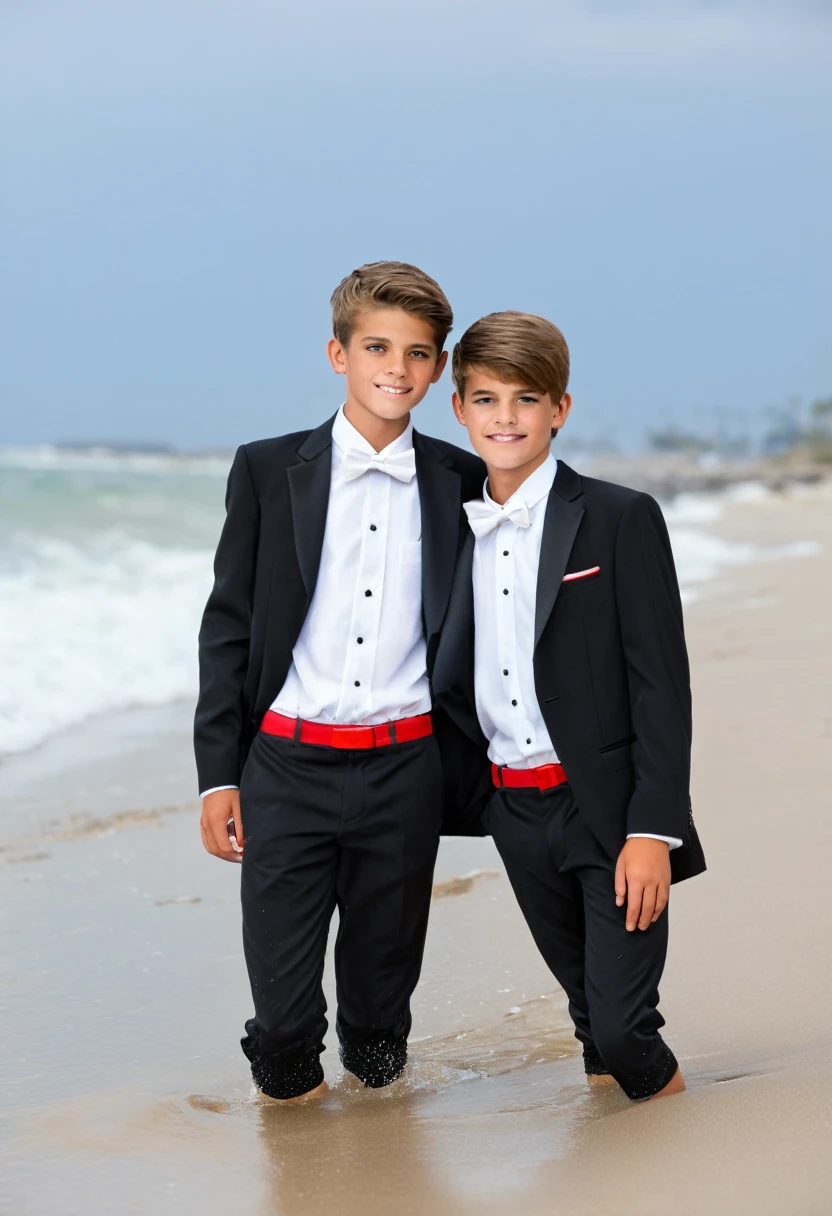 Beautiful and realistic 14 year old boys in tuxedos on the beach, caras ultra detalladas, Red de voleibol en segundo plano., fotorrealista mejor calidad 