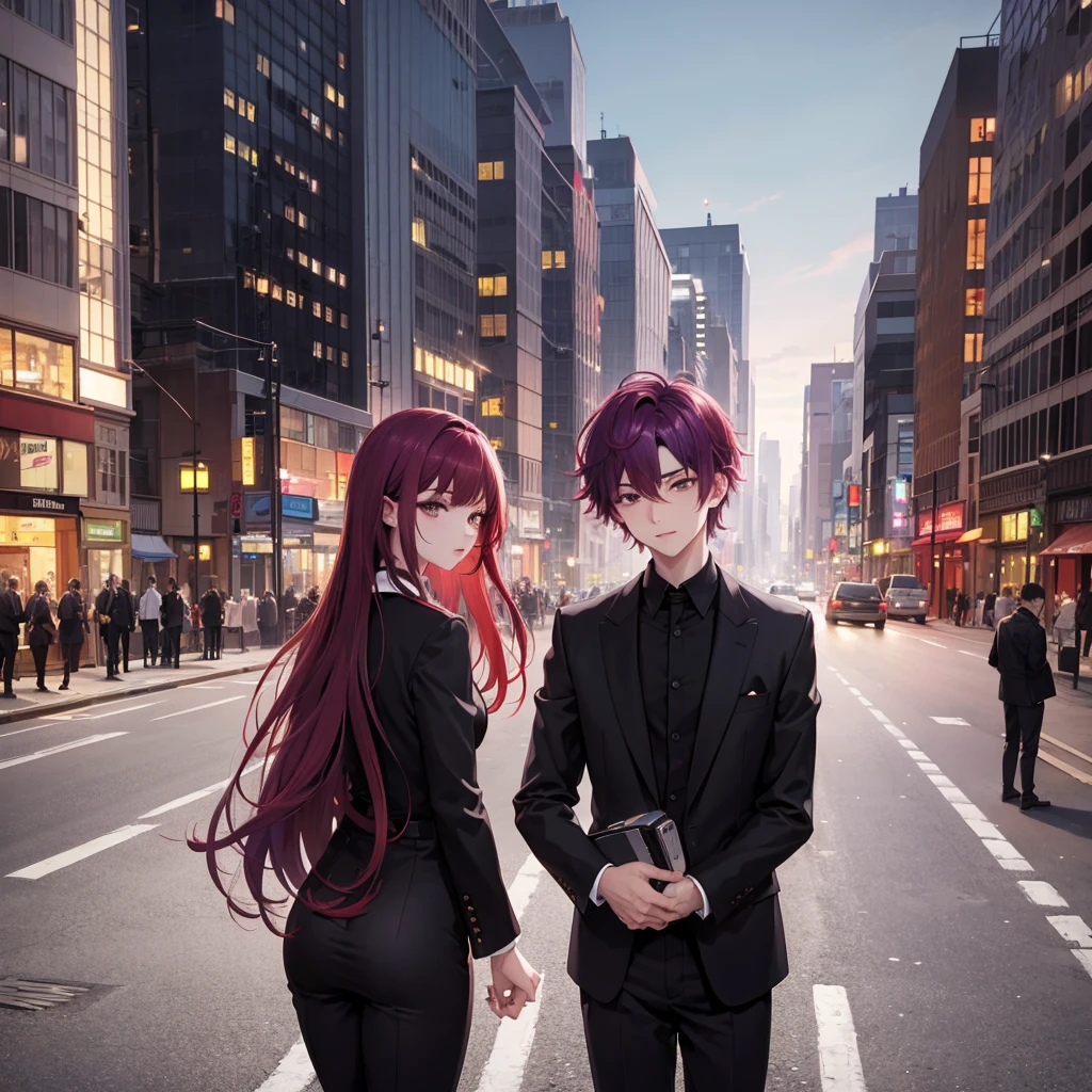 1boy 1girl cuddeling, short purple hair boy, long red hair girl, brown eyes, wearing all black suit together, city, absurdres, high res, ultrasharp, 8K, masterpiece, looking at viewer from behind