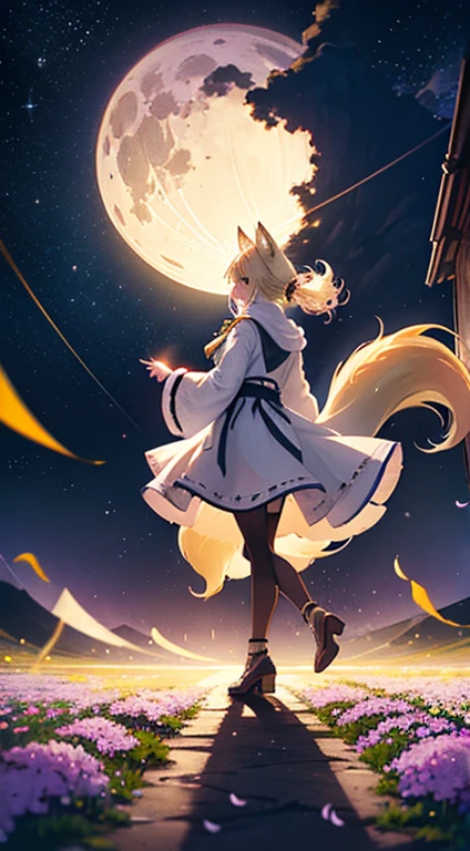 １people々々々々々々々々々々々,Woman with medium length blonde hair，Fox Ears，Long coat，Takageta， Dress Silhouette， Rear View，Space Sky, Flower Field，Colorful flowers，Dancing Petals，full moon，