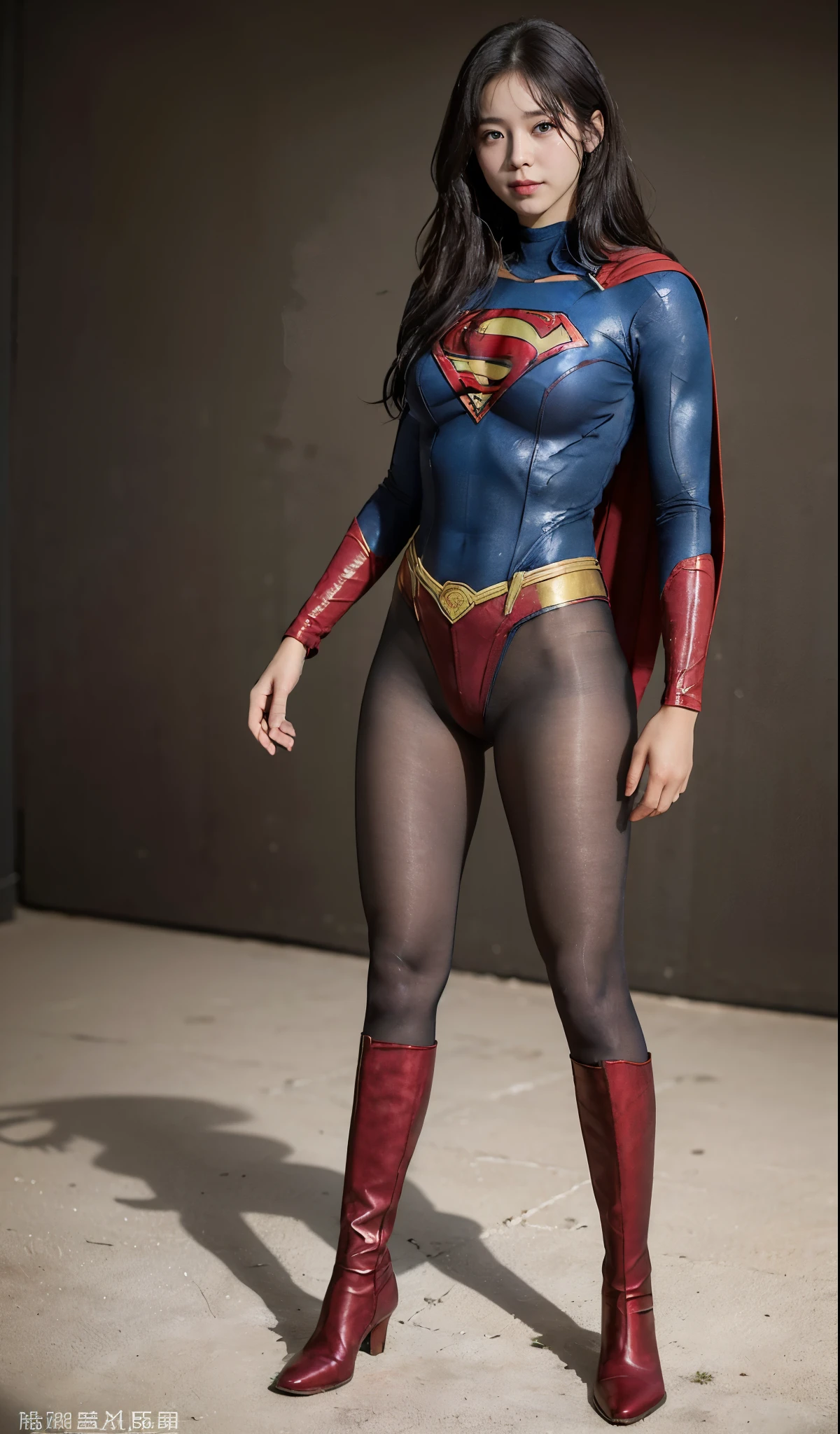 No background、(((Beautiful legs in black tights.)))、(((Legally express the beauty of your smile)))、((((Make the most of your original images)))、(((Supergirl Costume)))、(((Beautiful Hair)))、(((suffering)))、(((Please wear black tights....、Wear red boots)))、((Best image quality、8K))、((highest quality、8K、masterpiece:1.3))、(((Preserve background )))、Sharp focus:1.2、Beautiful woman with perfect figure:1.4、Thin abdominal muscles:1.2、Wet body:1.5、Highly detailed face and skin texture、8K