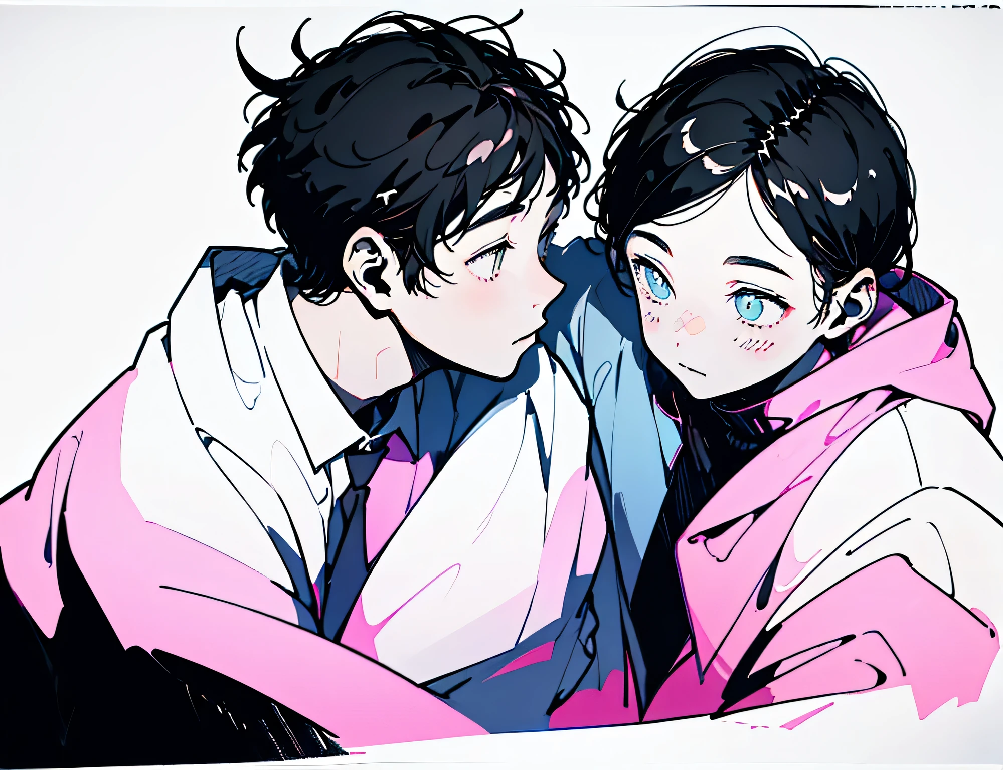 1 boy and 1 girl，crayon art、Line Drawing、Black and White Art、Black and white world、Happy expression、precise、masterpiece:1.5，1 man 1 woman，Hold together，