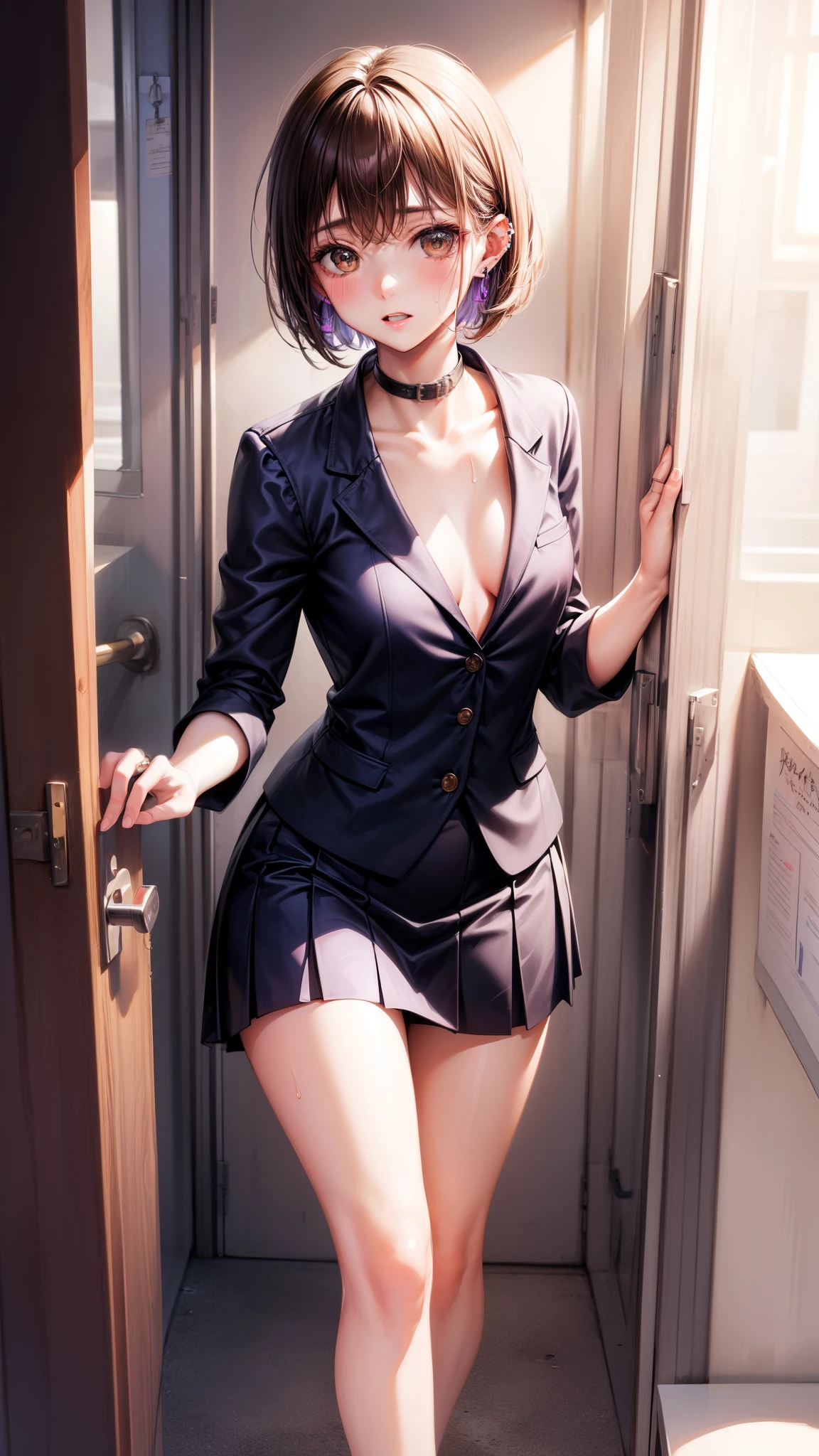 A 28 year old girl, clear skin, a developed body, black fur, short, messy shoulder length hair, a closed, Confident smile, big breasts, hardened nipples, small waist, big butt, Futanari, cock, Huge, Semen, wearing pink string thong. naked torso, pants down, in an event room with sun rays coming out of a window and leaning against a door looking at the camera, Futanari, cock Huge, masturbation, ejaculating 