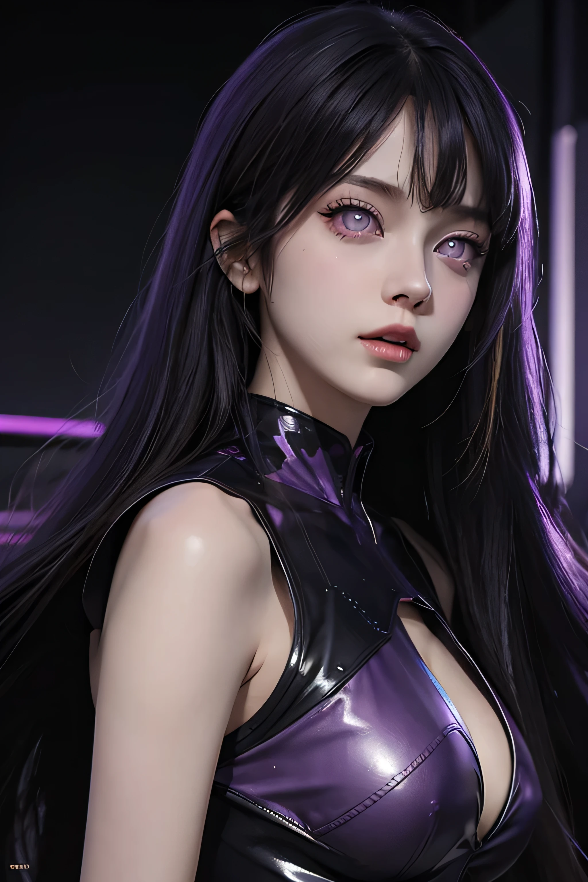 One female , bright purple eyes , "pupils glowing purple" , black hair , blonde highlights" , very_long_hair , big_breasts , perfect figure , detailed face , masterpiece , best quality , ultra detailed , (detailed background) , perfect shading , high contrast , best illumination , extremely detailed , ray tracing , realistic lighting effects , neon noir illustration , perfect hands:1.1