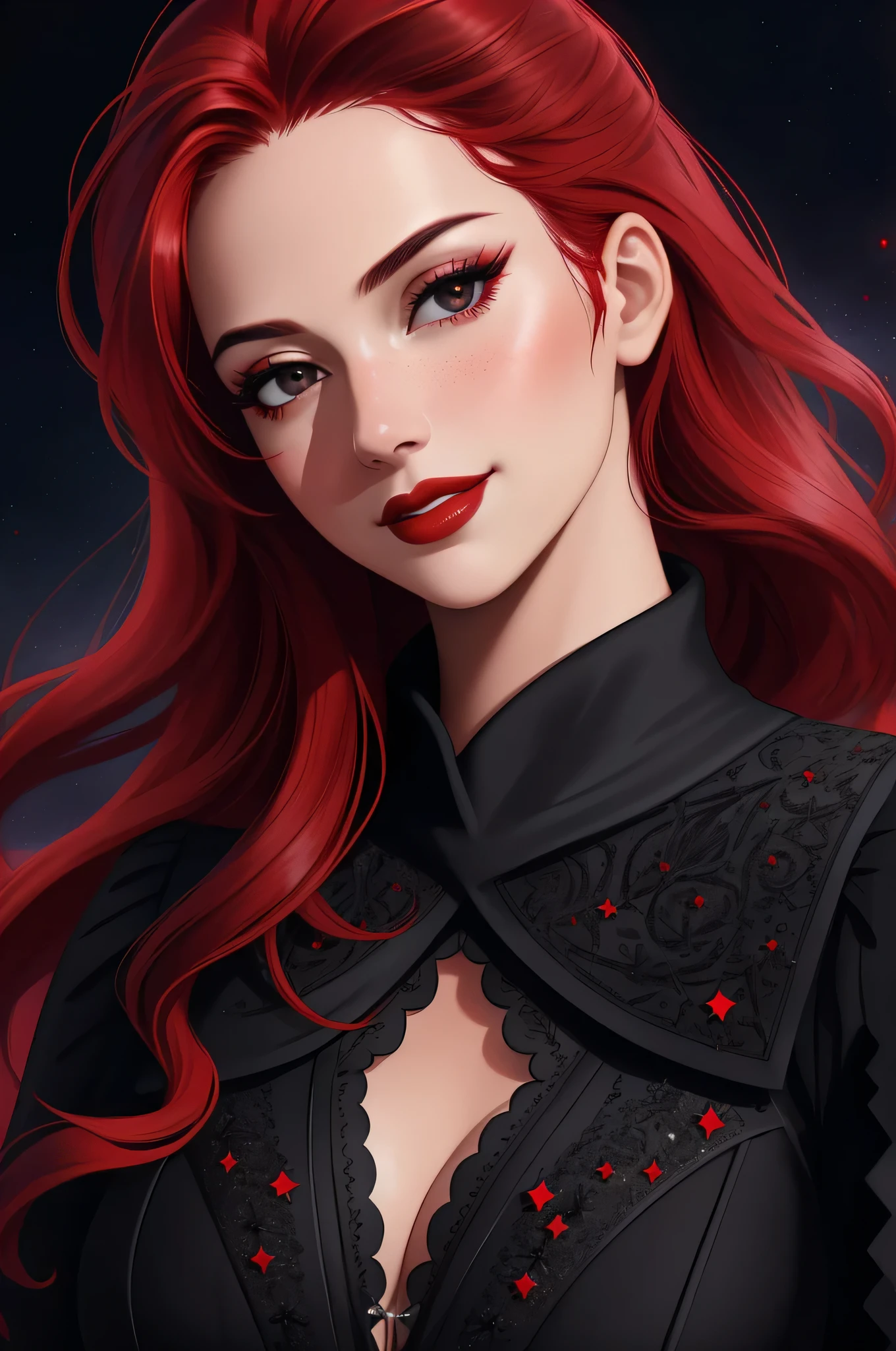 face close up, portrait shot, ((vivid red hair)), mature woman, 30 years old, diamond face, red starry sky background, depth of field, magic, big red lips, ((dark and black eyes)) black and red long and full dress, covered chest, mystical atmosphere, ominous shadows, Intense blue aura, Intense red aura (best quality:1.2), absurdres, intricate details, (highly detailed skin:1.2), smile expression, posing, taut and well defined body, attractive. Highly realistic, white skin, beautiful, hyperrealism, skin very elaborated, direct gaze,