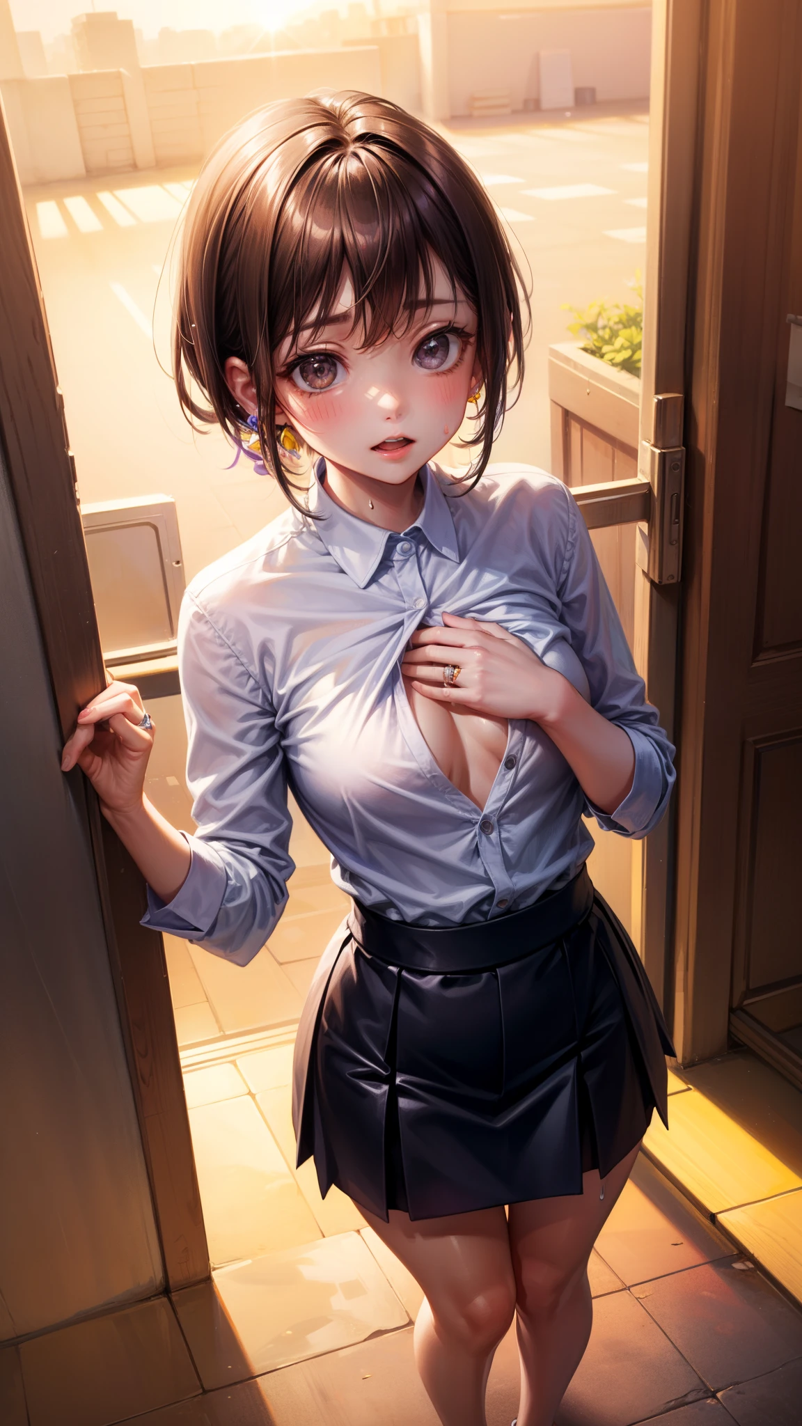 8K quality、High definition eyes、Brown and purple short hair、Brown eyes、secretary、Ring piercing of the earlobe、Bright sunshine、Office at dusk、Sweat、Suits that hang down to the chest、Short skirt、Beautiful legs、Beautiful thighs、Shot from above、Dignified face、Young small breasts、Seduce your boss