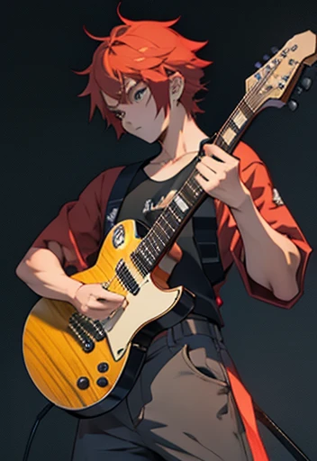 An electric guitar with ax, vermelha ,manga Style , With sticker , human Male Adolescent 