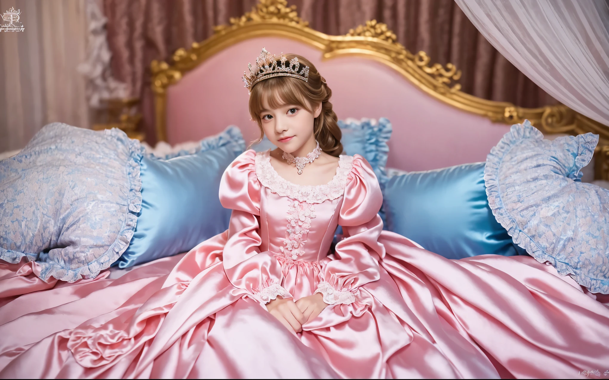 ,highest quality, masterpiece, Highest Resolution, artwork, super それにGet used to it, many Get used to it, Get used to it, それにGet used to it, 3K realistic photos,,((女の子)),Super detailed baby face,Trls are princesses,Full-length ball gown dress with hoop skirt,Frilled yoke collar,Puff sleeves,Long sleeve,((Lolita style hot pink detailed princess satin dress、Lots of frills and ribbons。)),colorful rococo fashion,shiny satin dress,Soft and smooth fabric,luxury,Long blonde hair,blue eyes,white skin european,pajamas,((Inside the palace)),,,(( 10 year old)),Super by face,Full-length ball gownth hoop skirt,Long skirt,Frilled yoke collar,Puff sleeves,腰まで伸びるLong blonde hair,blue eyes,white skin european,pajamas,((Inside the palace bedroom)),シルクサテンのluxuryなCanopy bedの上,Canopy bed,Gorgeous curtains on either side of the bed,There were a lot of frilly pillows on the bed.,Highly detailed background,Detailed bed,Romantic atmosphere,Two little princesses on the bed,((((Her leghidden inside the dress)))),The dress is spread out on the bed,Soft silk satin comforter in pastel colors,Pastel colored silk satin bed sheets,Soft silk satin ruffle pillow in pastel colors,Beautiful girl illustration,Beautiful detailed face Detailed hair,Detailed human eye ,Mouth details, Arm details,Beautiful Hands,Detailed pillow,