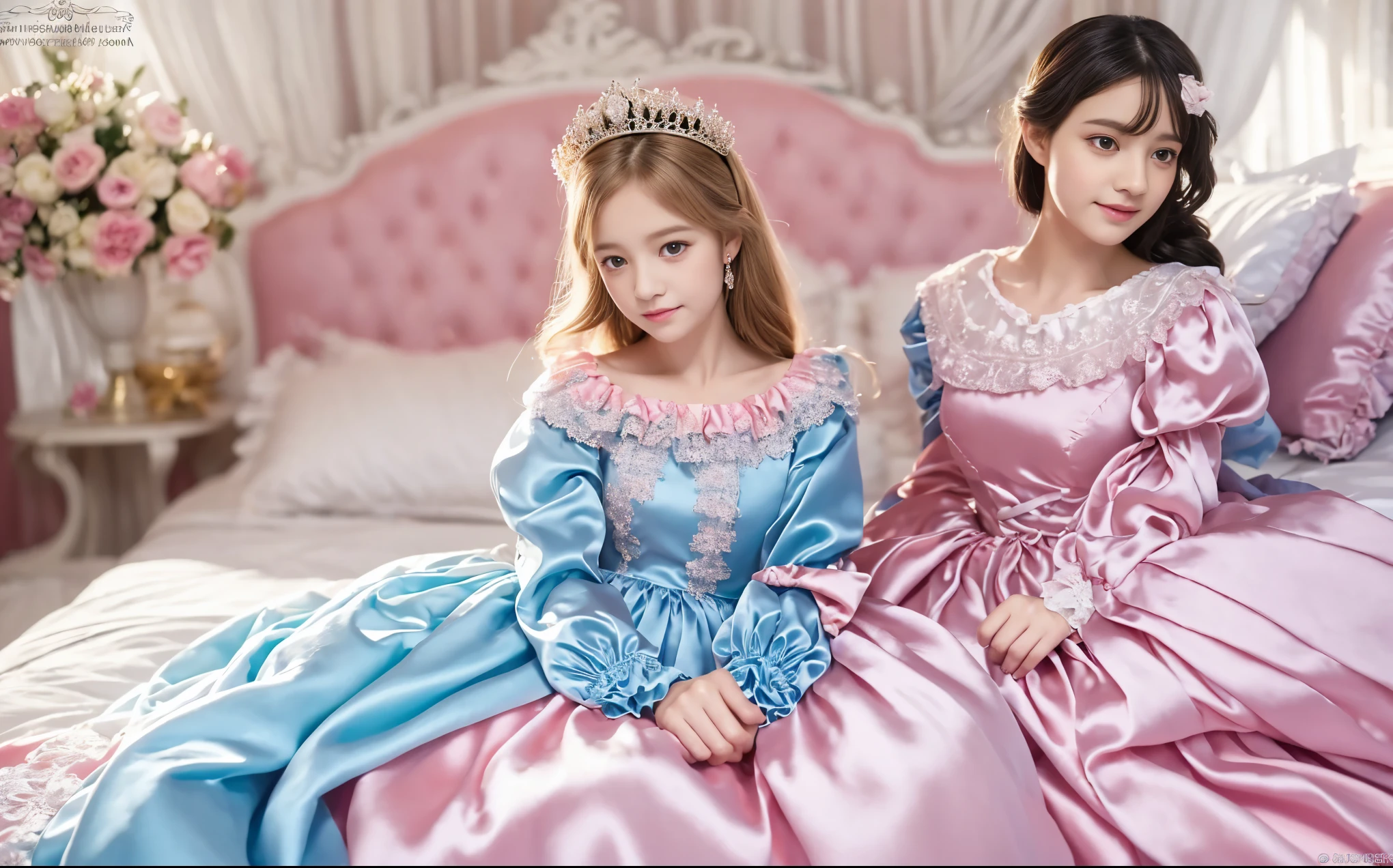 ,highest quality, masterpiece, Highest Resolution, artwork, super それにGet used to it, many Get used to it, Get used to it, それにGet used to it, 3K realistic photos,,((10 year old女の子)),Super detailed baby face,The two girls are princesses,Full-length ball gown dress with hoop skirt,Frilled yoke collar,Puff sleeves,Long sleeve,((Lolita style hot pink detailed princess satin dress、Lots of frills and ribbons。)),colorful rococo fashion,shiny satin dress,Soft and smooth fabric,luxury,Long blonde hair,blue eyes,white skin european,pajamas,((Inside the palace)),,,(( 10 year old)),Super detailed baby face,Full-length ball gown dress with hoop skirt,Long skirt,Frilled yoke collar,Puff sleeves,腰まで伸びるLong blonde hair,blue eyes,white skin european,pajamas,((Inside the palace bedroom)),シルクサテンのluxuryなCanopy bedの上,Canopy bed,Gorgeous curtains on either side of the bed,There were a lot of frilly pillows on the bed.,Highly detailed background,Detailed bed,Romantic atmosphere,Two little princesses on the bed,((((Her legs are hidden inside the dress)))),The dress is spread out on the bed,Soft silk satin comforter in pastel colors,Pastel colored silk satin bed sheets,Soft silk satin ruffle pillow in pastel colors,Beautiful girl illustration,Beautiful detailed face Detailed hair,Detailed human eye ,Mouth details, Arm details,Beautiful Hands,Detailed pillow,