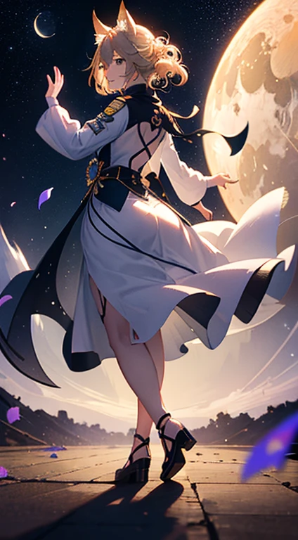 １people々々々々々々々々々々々々,Woman with medium length blonde hair，Fox Ears，Long coat，Takageta， Dress Silhouette， Rear View，Space Sky, Flower Field，Colorful flowers，Dancing Petals，full moon，