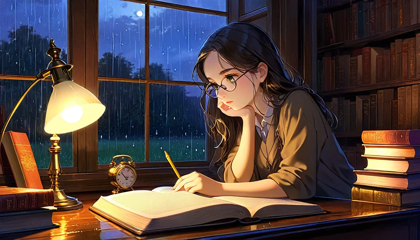 Masterpiece, Best quality, 1girl, Cozy corner, Jumble of books, Profound study, Desk lamp, Yellow glow, Peaceful ambiance, Quiet night, Window, Tranquil countenance, Intensity of concentration, Composed posture, Inquisitive eyes, Subtle tilt, Nimble fingers, Timeworn margins, Sultry aura, Silent focus, Deep in thought, Scholar, Old world wisdom, Intellectual, Thoughtful, Pensive, Well-read, Intellect, Knowledgeable, Wisdom seeker, Glimpse into the mind, Soaking up the knowledge, Absorbing the information.
A girl, enscon,evening,rain,