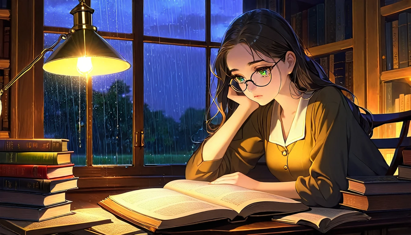 Masterpiece, Best quality, 1girl, Cozy corner, Jumble of books, Profound study, Desk lamp, Yellow glow, Peaceful ambiance, Quiet night, Window, Tranquil countenance, Intensity of concentration, Composed posture, Inquisitive eyes, Subtle tilt, Nimble fingers, Timeworn margins, Sultry aura, Silent focus, Deep in thought, Scholar, Old world wisdom, Intellectual, Thoughtful, Pensive, Well-read, Intellect, Knowledgeable, Wisdom seeker, Glimpse into the mind, Soaking up the knowledge, Absorbing the information.
A girl, enscon,evening,rain,