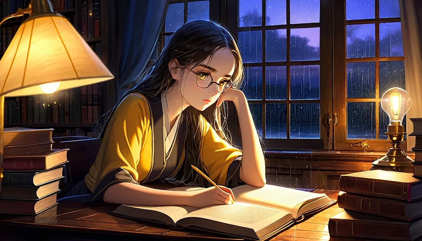 Masterpiece, Best quality, 1girl, Cozy corner, Jumble of books, Profound study, Desk lamp, Yellow glow, Peaceful ambiance, Quiet night, Window, Tranquil countenance, Intensity of concentration, Composed posture, Inquisitive eyes, Subtle tilt, Nimble fingers, Timeworn margins, Sultry aura, Silent focus, Deep in thought, Scholar, Old world wisdom, Intellectual, Thoughtful, Pensive, Well-read, Intellect, Knowledgeable, Wisdom seeker, Glimpse into the mind, Soaking up the knowledge, Absorbing the information.
A girl, enscon,evening,rain,