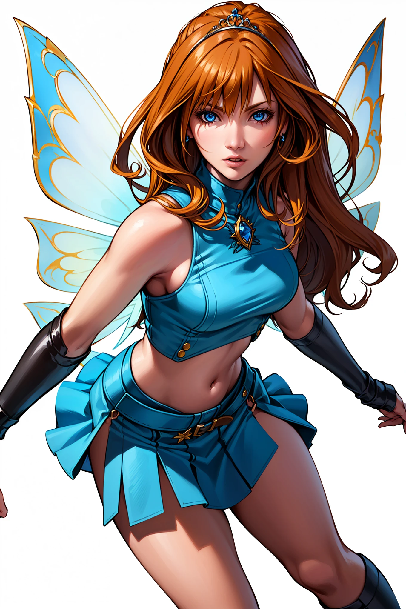(Bloom), (orange hair, blue eyes, bangs, long hair), (fairy outfit), (blue croptop, sleeveless, blue skirt, sparkling clothing, fairy wings, tiara), (white background, plain background, solid color background:1.5),(realistic:1.2), (masterpiece:1.2), (full-body-shot:1),(Cowboy-shot:1.2), neon lighting, dark romantic lighting, (highly detailed:1.2),(detailed face:1.2), (gradients), colorful, detailed eyes, (detailed landscape:1.2), (natural lighting:1.2), (dynamic pose:1.2), (solo, one person, 1girl:1.5) Tetsuya nomura