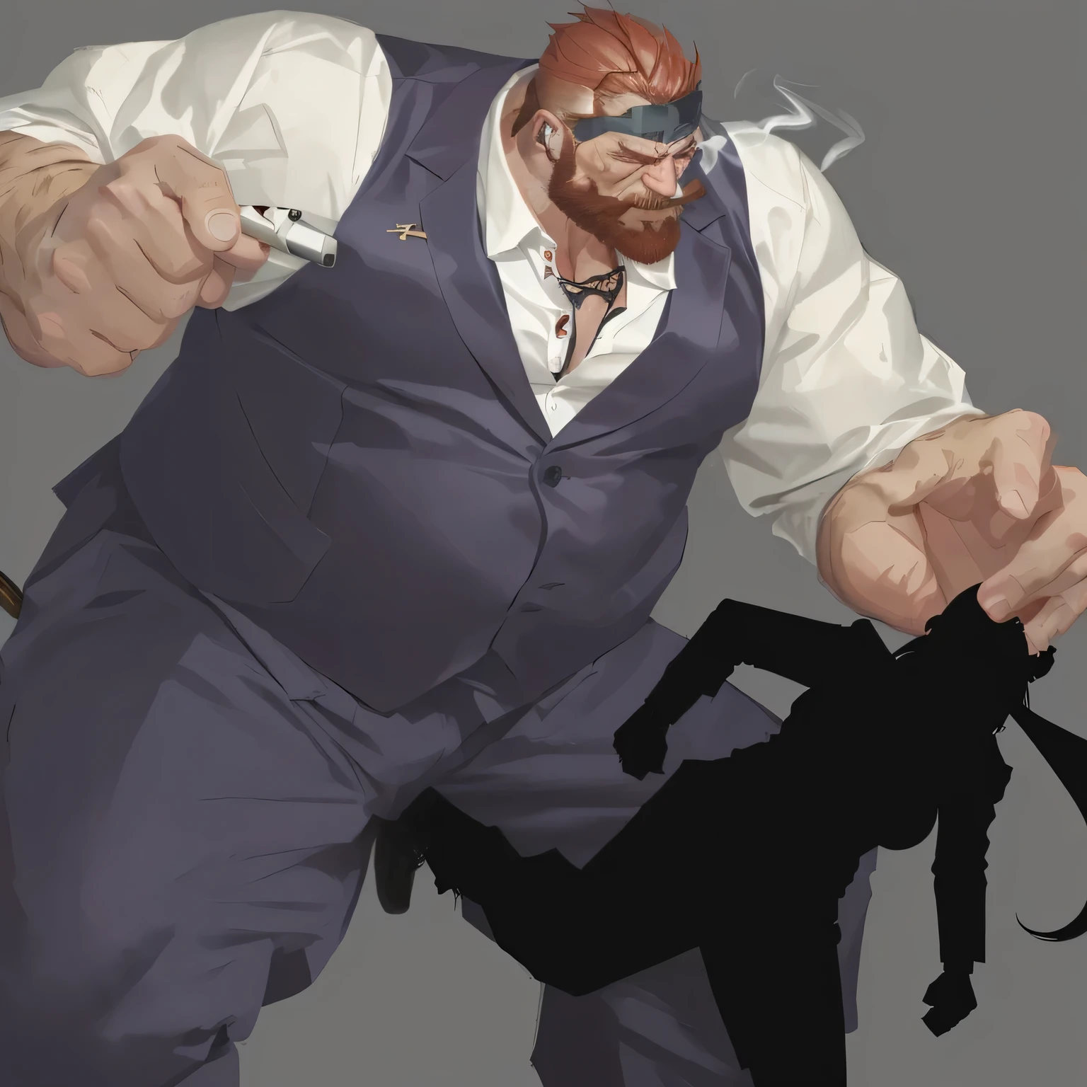 A muscular red bearded man was kicked in the crotch and looked painful、Cigarettes and cigars，Jacket suit，Man holding an axe, (SFW) Work, SFW version, Our species, Unrealistic character concept, Professional Concept Art, Muscular personality, ( ( Character Concept Art ) ), Tick，