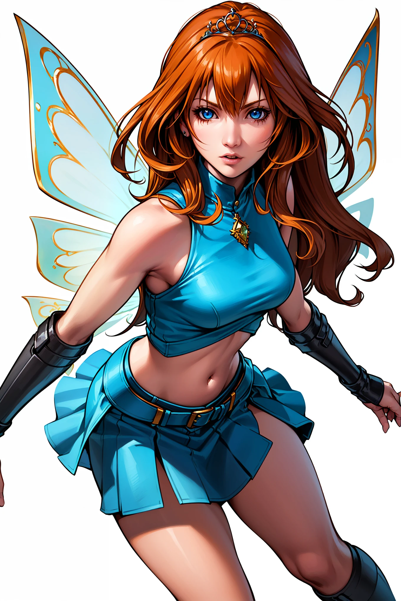 (Bloom), (orange hair, blue eyes, bangs, long hair), (fairy outfit), (blue croptop, sleeveless, blue skirt, sparkling clothing, fairy wings, tiara), (white background, plain background, solid color background:1.5),(realistic:1.2), (masterpiece:1.2), (full-body-shot:1),(Cowboy-shot:1.2), neon lighting, dark romantic lighting, (highly detailed:1.2),(detailed face:1.2), (gradients), colorful, detailed eyes, (detailed landscape:1.2), (natural lighting:1.2), (dynamic pose:1.2), (solo, one person, 1girl:1.5) Tetsuya nomura