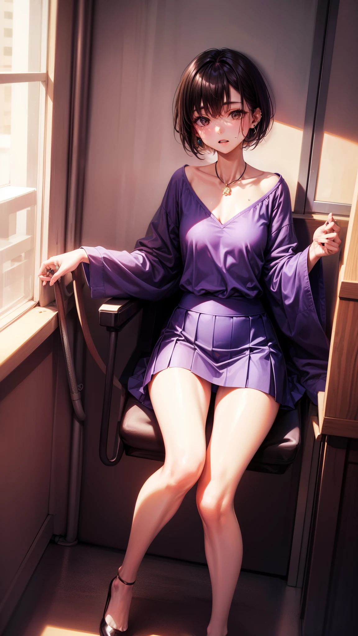 8K quality、High definition eyes、Brown and purple short hair、Brown eyes、secretary、Ring piercing of the earlobe、Bright sunshine、Office at dusk、Sweat、Suits that hang down to the chest、Short skirt、Beautiful legs、Beautiful thighs、Shot from above、Dignified face、Small breasts、Seduce your boss、slender、Model Body Type