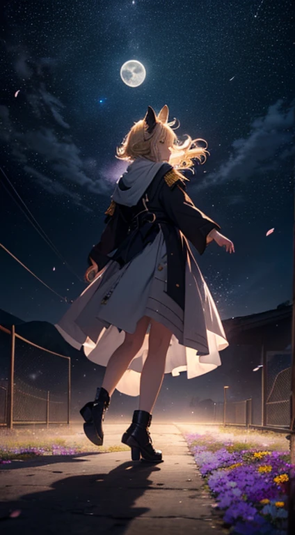 １people々々々々々々々々々々々々々,Woman with medium length blonde hair，Fox Ears，Long coat，Takageta， Dress Silhouette， Rear View，Space Sky, Flower Field，Colorful flowers，Dancing Petals，full moon，