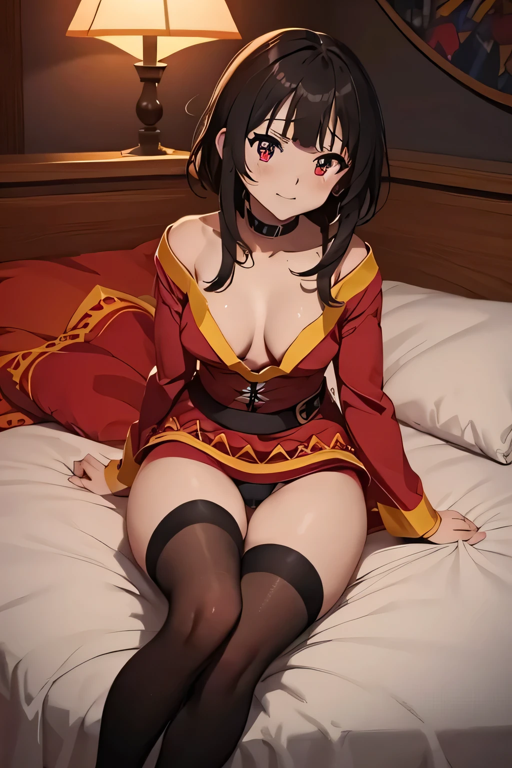 (8k, top quality, masterpiece: 1.2), super detailed, Megumin, Megumin from Konosuba, small breasts,NovaFrogStyle, black panties, Red dress, anime art style, lying on bed, cozy ambience, sitting on couch, accidental exposure, flashing