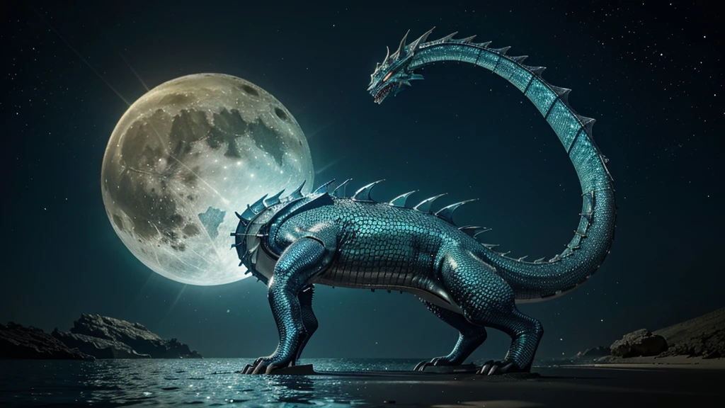 aquatic dragon with metallic scales the dragon has electrical powers that activate during the full moon of Mars, when it emerges from the sea during a full moon it spreads high voltage energy on the surface of the sea causing a luminous spectacle