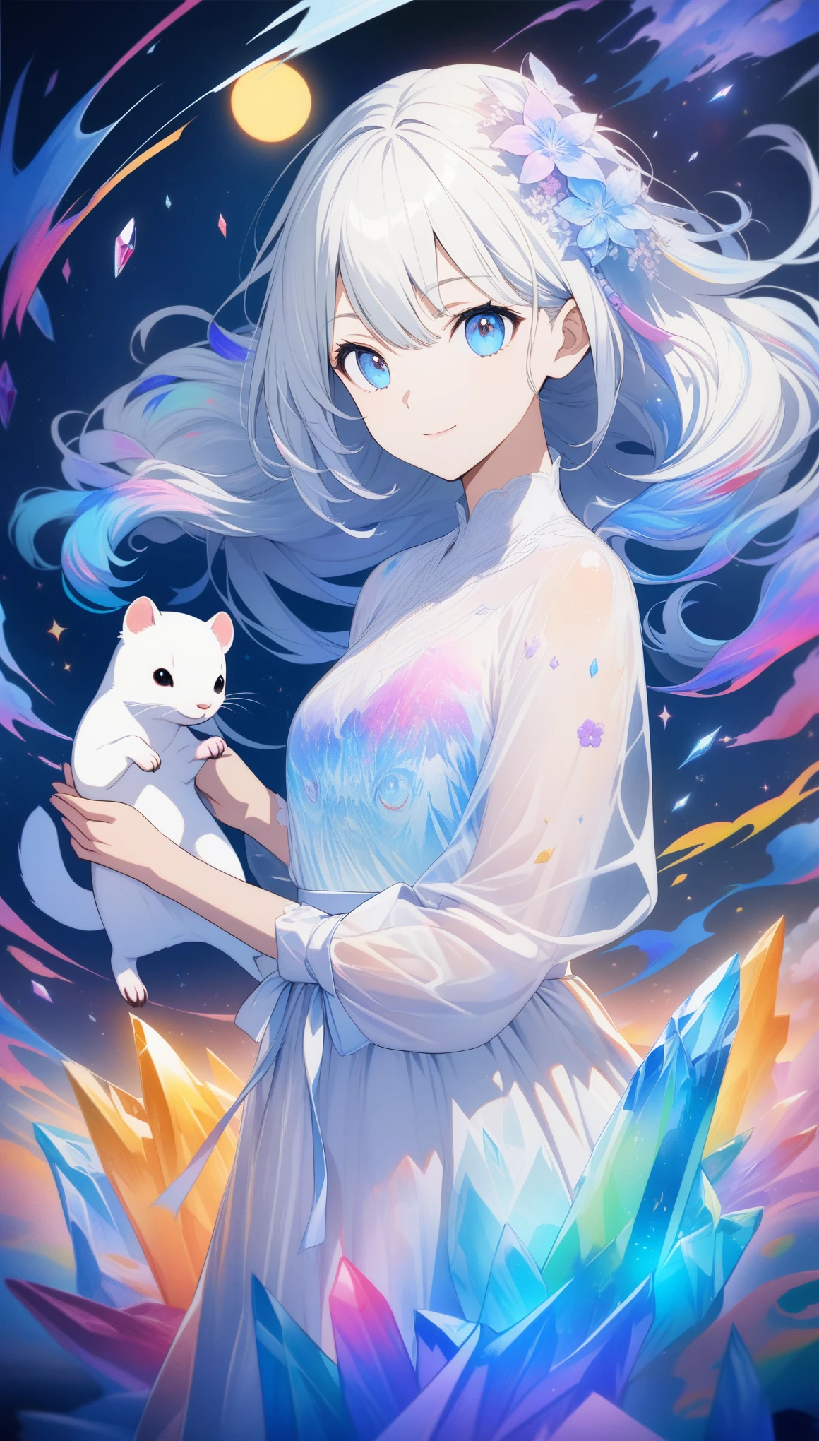 32k, best quality, ultra high res, HDR, UHD, extremely detailed CG, unity 32k wallpaper, **Japanese anime, A picture that looks like it was drawn with Copics,crystal style, crystal clear,girl with ferret, under the blue moon, ferret, it was meticulously written, picture with elaborate writing, cute girl over smile, with Ferret,Flower, bold and strong line drawing, vivid acrylic painting, vivid thick paint, vivid, plain background, beautiful proof, highest resolution 16K, beautiful anime girl that is betrayeded by a Ferret, hair is short, ferret, Beautiful lightcyan high lights in her beautiful kind eyes, background is twinkle,Beautiful girl with a loose airy bright colorful hair with diamond high lights,Transparent dress, ,thick aquarelle colors,colorful,honeydew and diamond, lightcyan and white and light Effects,wallpaper,architecture,High quality, high image quality, great amount of drawing,pixiv illustration, transparency, Japanese anime,upper body,white tone, delicate brushwork,distinct color, 