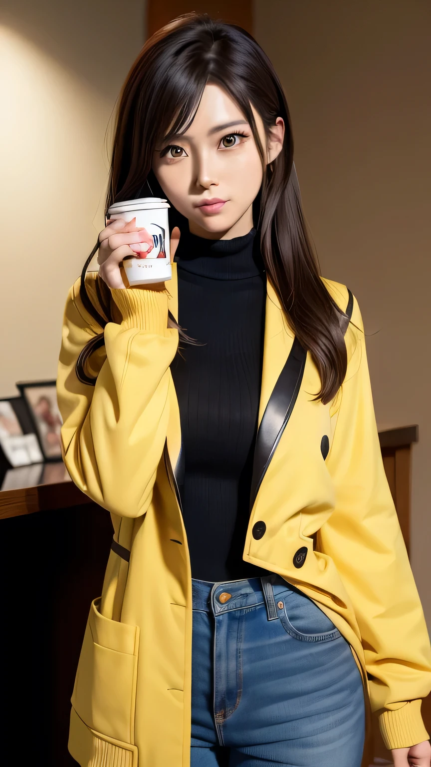 A woman wearing a yellow jacket and holding a coffee cup, extremely detailed ArtJam, Anime girl drinking energy drink, Senna from League of Legends, lovely Bridget from Overwatch, Bridget from Overwatch, ruan jia and ArtJam, trending ArtJam, Faye Valentine, like ArtJam, range murata and ArtJam, Up to the model | ArtJam