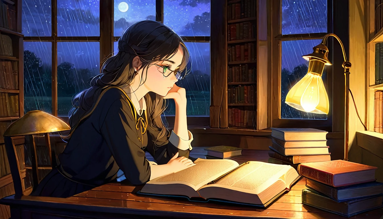 Masterpiece, Best quality, 1girl, Cozy corner, Jumble of books, Profound study, Desk lamp, Yellow glow, Peaceful ambiance, Quiet night, Window, Tranquil countenance, Intensity of concentration, Composed posture, Inquisitive eyes, Subtle tilt, Nimble fingers, Timeworn margins, Sultry aura, Silent focus, Deep in thought, Scholar, Old world wisdom, Intellectual, Thoughtful, Pensive, Well-read, Intellect, Knowledgeable, Wisdom seeker, Glimpse into the mind, Soaking up the knowledge, Absorbing the information.
A girl, enscon,evening,rainy,