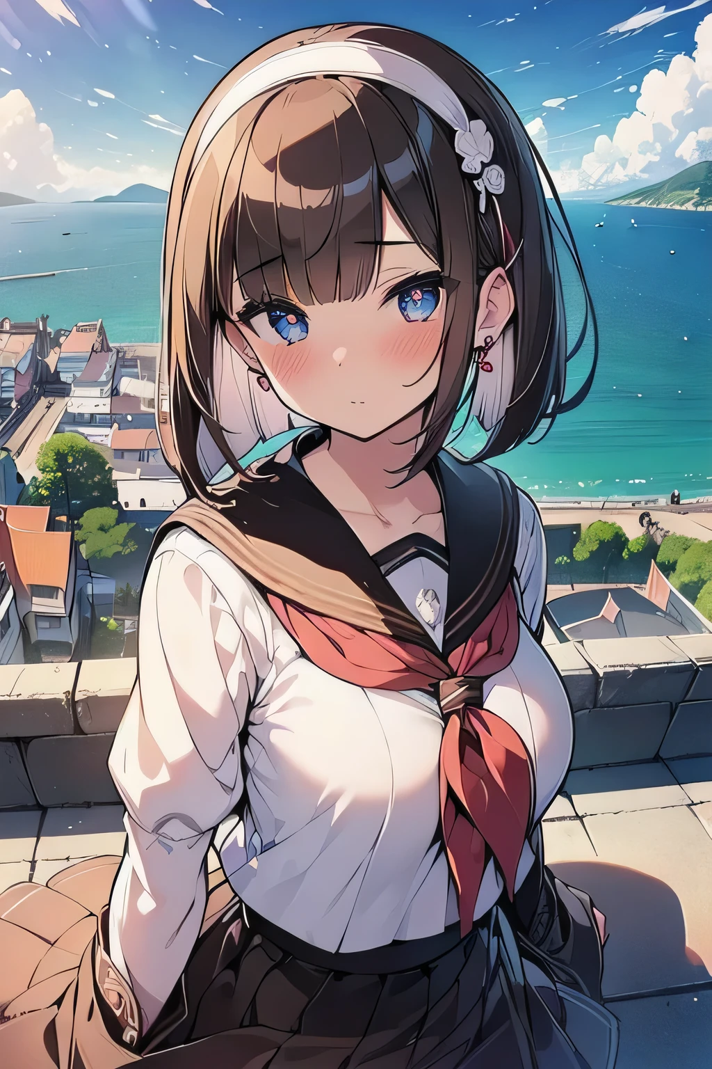 (best quality), (Super detailed), (Best Illustration), (woman), upper body, (white serafuku), (large breasts), {(detailed eyes), (heart-shaped pupils), blue eyes}, {brown hair, (sideburns), (bob cut:1.3), curly hair, hairs between eyes, colored inner hair}, blush, earring, hair band, wind, beautiful sky, (a panoramic view:1.5)