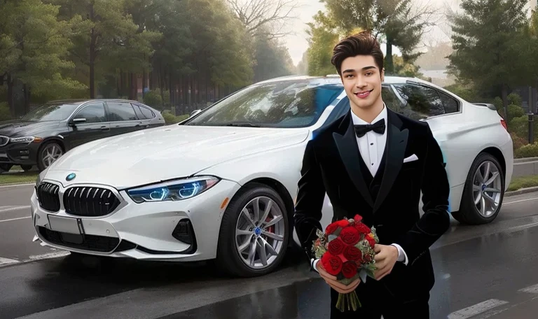 （hlaf body potaid：1.3），front view，cute，Smile，Superior quality，masterpiece，Beautiful hands，Ultra-high resolution，（Realism：1.4），Portrait of handsome young man wearing black suit，There are many flowers inside，He holds a bouquet of red roses to celebrate Valentine&#39;s Day，Valentine&#39;s Day style，Plain background，front view
