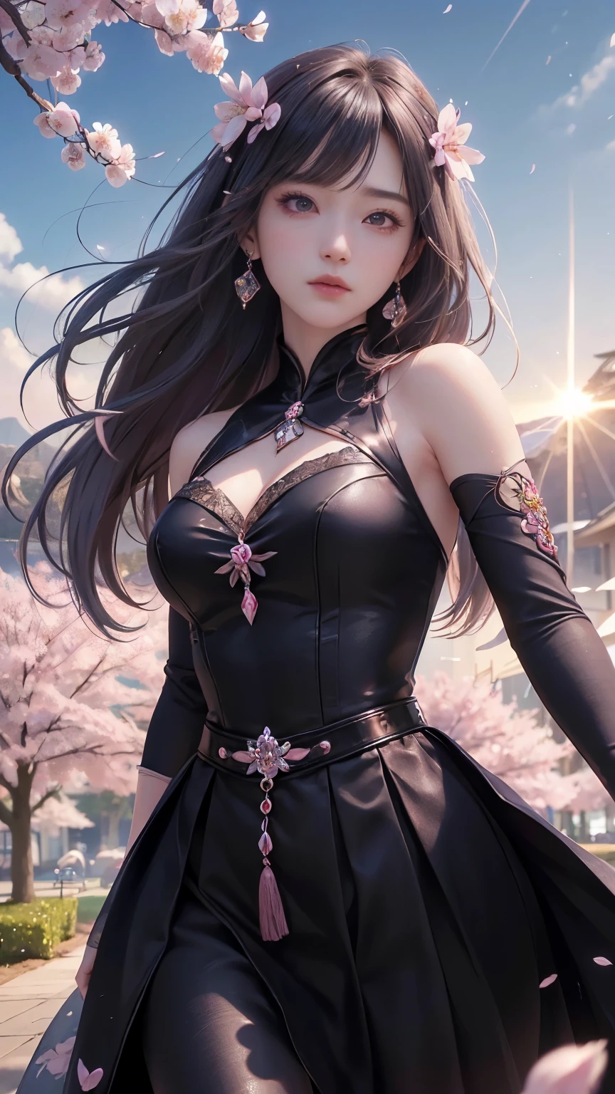 (logo、masterpiece、8k、Tabletop、RAW Photos、wonderful、最high quality、Photorealistic and very detailed CG integrated 8k wallpaper、high quality、Very detailed、Narrative poem、Particle Effects、Dynamic Effects、Written boundary depth、Cinematic Light、Lens flare、Ray Tracing)、Fantasy、 (One beautiful woman、dress、dress、Cherry blossom pattern、Black-haired、Beautiful Face、True Face、Beautiful details、eye、Beautiful Skin)、My hair dances in the wind、Hair flutters in Wind、Hair bounces、Pink cherry blossom tree、Petals fluttering、SakuraFubuki、Wonderful views、sunrise、Sun in the background、Wind、