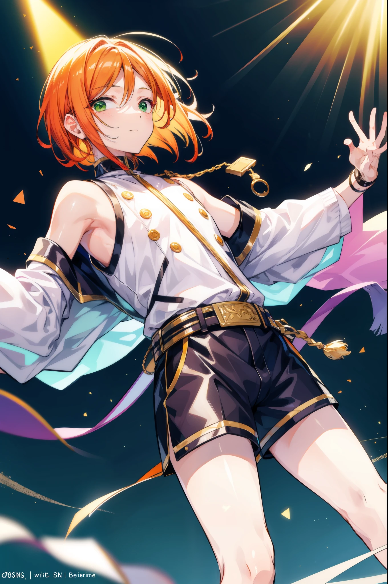Polate、一人のmale、solo、male、Perfect human body、highest quality、Super quality、detailed、highest quality、Fantasy、Bright expression、young, 白くShine肌、The most beautiful and beautiful in the world、The ultimate beautiful boy、The most beautiful in the world,Orange Hair、The lightest hair、Shiny Hair、Bob、Smooth medium hair、Central division of bangs、Shine, clear, Attractive green eyes、A very kind and lovely 16 year old boy.、Shorts、