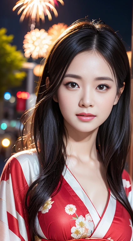 (8k、RAW Photosgraphy、highest quality、masterpiece:1.2)、(Realistic、Photorealistic:1.37)、Ultra-high resolution、One Girl、cute、solo、night、Sitting、date、(Nose redness)、(Laughter:1.1)、(Closed)、huge 、Beautiful Eyes、(short hair:1.2)、(((Fireworks bursting into the sky、night)))、(((kimono、yukata)))、Cleavage、Perfect body、Perfect Fingers、Professional Lighting、Japanese Goddess、gravure、Detailed face and skin texture、Detailed eyes、RAW Photos