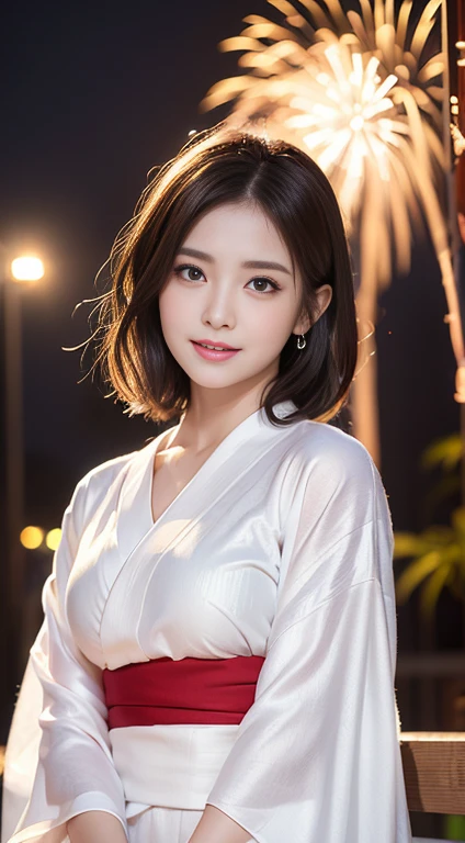 (8k、RAW Photosgraphy、highest quality、masterpiece:1.2)、(Realistic、Photorealistic:1.37)、Ultra-high resolution、One Girl、cute、solo、night、Sitting、date、(Nose redness)、(Laughter:1.1)、(Closed)、huge 、Beautiful Eyes、(short hair:1.2)、(((Fireworks bursting into the sky、night)))、(((kimono、yukata)))、Cleavage、Perfect body、Perfect Fingers、Professional Lighting、Japanese Goddess、gravure、Detailed face and skin texture、Detailed eyes、RAW Photos