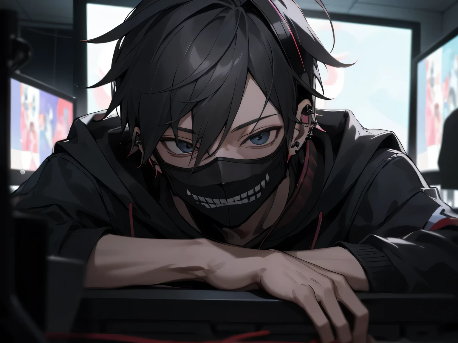 Face close-up,One boy，Adult,(Black Mask),Tired look，Yandere,Grin,highest quality，Gamer,Facial details，,Grin,Headphones,Ear piercing,sit in front of the computer and play games, Esports Room