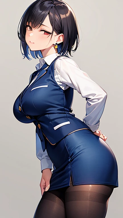 ((highest quality)), ((masterpiece)), (detailed), (Character Focus、breast focus,whole body), (One Girl: 1.1)、Anime 2D Rendering, Realistic young anime woman,
Perfect Face, (Beautiful fine details, Shining Eyes, Half-closed eyes), Beautiful body, Beautiful thighs, Beautiful feet, White beautiful skin、Perfect round butt、 Big Breasts、
Black Hair、(short hair)、dark red eyes、Earrings、
(Three-piece suit:1.4), (white collar dress shirt), contrast color, (dark blue suit vest:1.4), (Suit jacket:1.4)、(Dark blue shiny pencil mini skirt:1.4)、(Black Pantyhose:1.4)、(Black High Heels)、
Face towards the viewer、Sexy pose