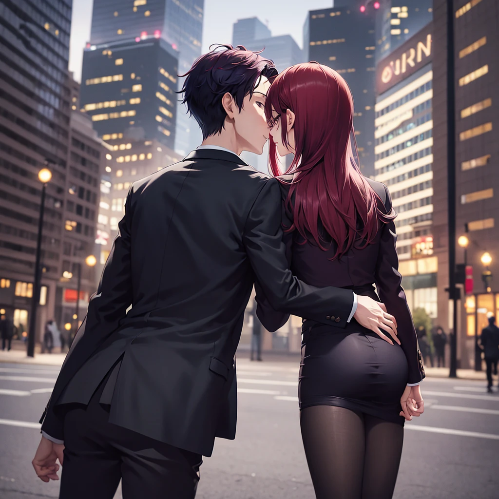 1boy 1girl cuddeling, short purple hair boy, long red hair girl, brown eyes, wearing all black suit together, city, absurdres, high res, ultrasharp, 8K, masterpiece, looking at viewer from behind