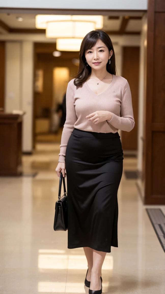High resolution, highest quality, masterpiece, Textured skin, Anatomically correct, sharp, (((Full body photo))), (Shooting from the side), (Alone in the hotel lobby), (walking), ((Japanese Mature, 42 years old)), Nasolabial folds, Black straight hair, Semi-long hair, (Plump figure:1.2), Shapely small breasts, (Looking at the camera), Serious expression, (Business look), ((teacher)), Ribbed V-neck, sweater, Long sleeve, Formal tight skirt, pumps, necklace, Earrings