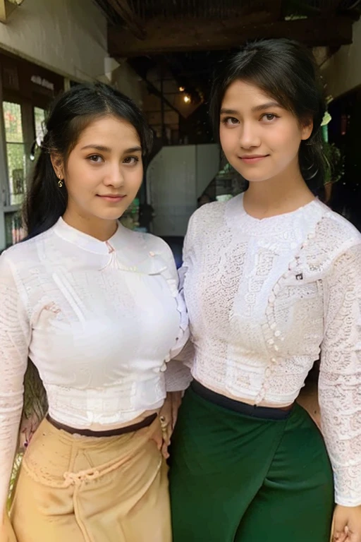 3 female teachers dressed in Burmese school teacher uniforms are posing, best quality, highres, ultra-detailed, realistic:1.37, studio lighting, vivid colors, portraits, traditional lighting, beautiful detailed eyes, detailed lips, traditional Burmese attire, standing confidently, professional, natural poses, wooden background, authentic accessories, elegant decorations, colorful headscarves, subtle smiles, well-groomed hair, pleasant expressions, soft lighting, warm color tones, focused attention, relaxed atmosphere, engaging poses, proud expressions, Burmese culture showcase.