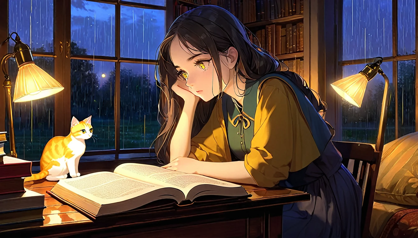 Masterpiece, Best quality, 1girl, Cozy corner, Jumble of books, Profound study, Desk lamp, Yellow glow, Peaceful ambiance, Quiet night, Window, Tranquil countenance, Intensity of concentration, Composed posture, Inquisitive eyes, Subtle tilt, Nimble fingers, Timeworn margins, Sultry aura, Silent focus, Deep in thought, Scholar, Old world wisdom, Intellectual, Thoughtful, Pensive, Well-read, Intellect, Knowledgeable, Wisdom seeker, Glimpse into the mind, Soaking up the knowledge, Absorbing the information.
A girl, enscon,evening,rainy,with cat,