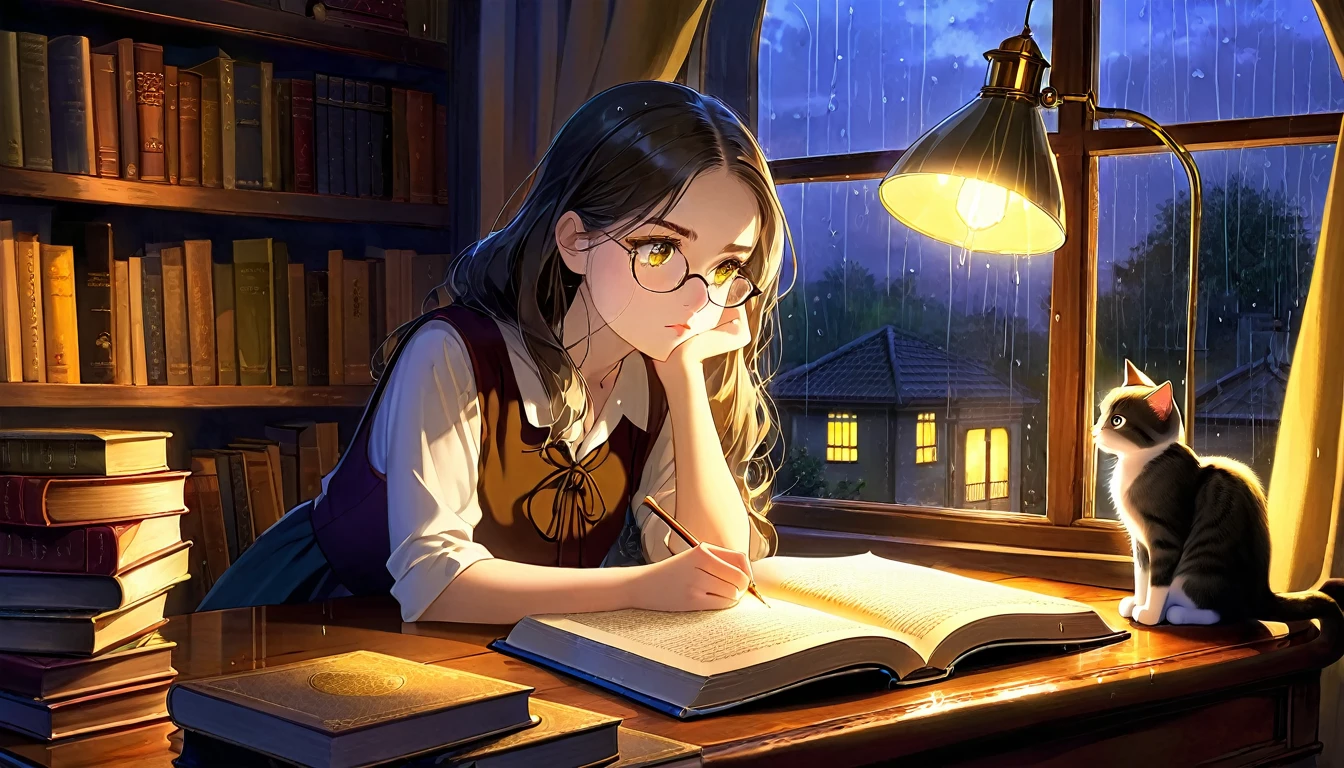 Masterpiece, Best quality, 1girl, Cozy corner, Jumble of books, Profound study, Desk lamp, Yellow glow, Peaceful ambiance, Quiet night, Window, Tranquil countenance, Intensity of concentration, Composed posture, Inquisitive eyes, Subtle tilt, Nimble fingers, Timeworn margins, Sultry aura, Silent focus, Deep in thought, Scholar, Old world wisdom, Intellectual, Thoughtful, Pensive, Well-read, Intellect, Knowledgeable, Wisdom seeker, Glimpse into the mind, Soaking up the knowledge, Absorbing the information.
A girl, enscon,evening,rainy,with cat,